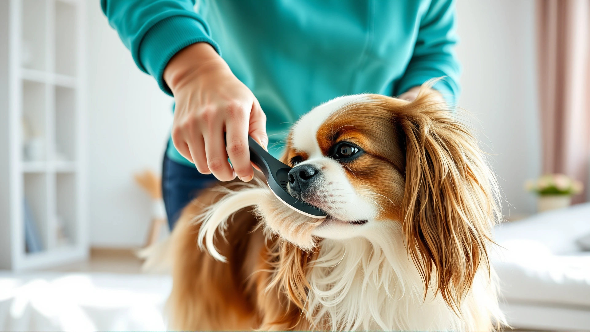 Owner gently brushing a Tibetan Spaniel’s coat in a bright room, loose fur visible on the brush.