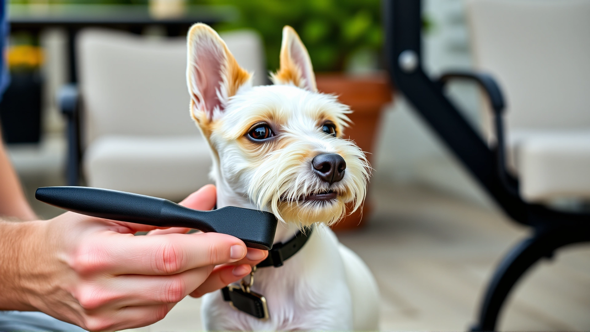Owner gently brushing Toy Fox Terrier's short coat with soft brush on patio, natural lighting, no text