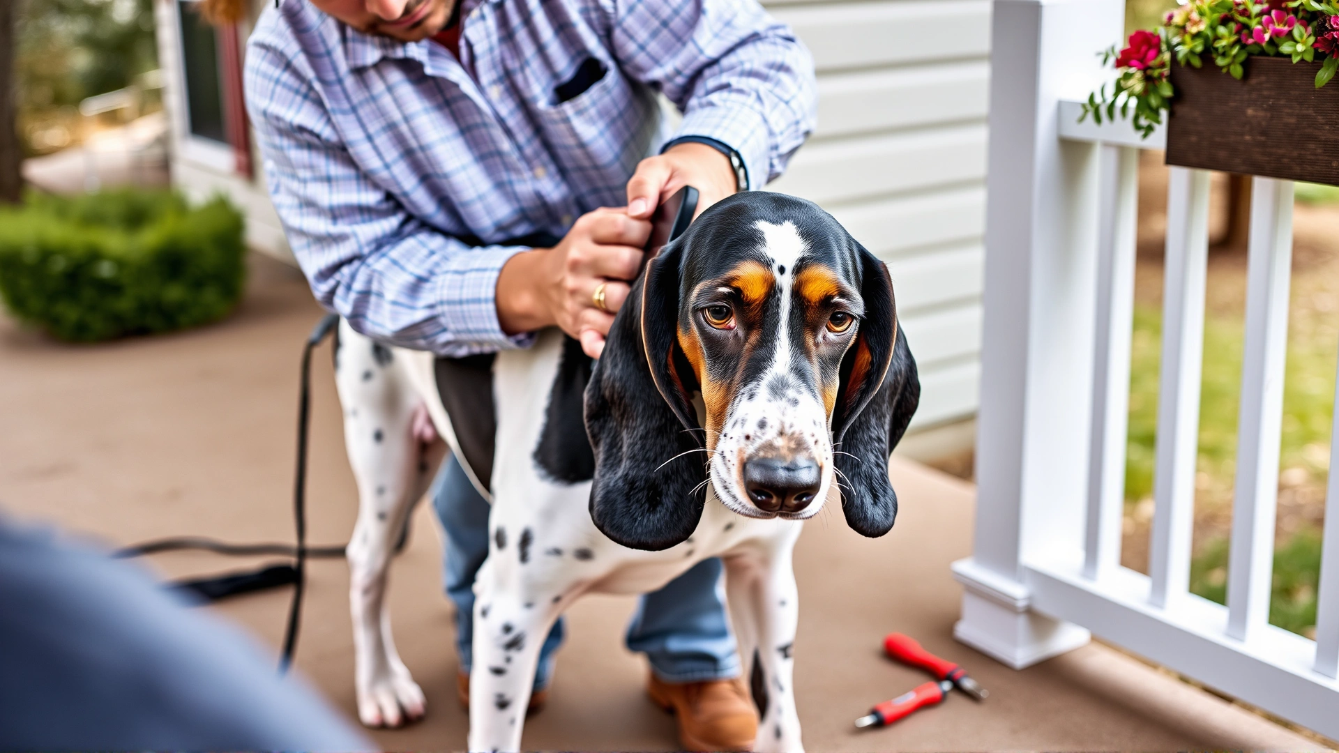 Owner brushing the short coat of a Treeing Walker Coonhound on a porch, grooming tools visible to highlight care routine.