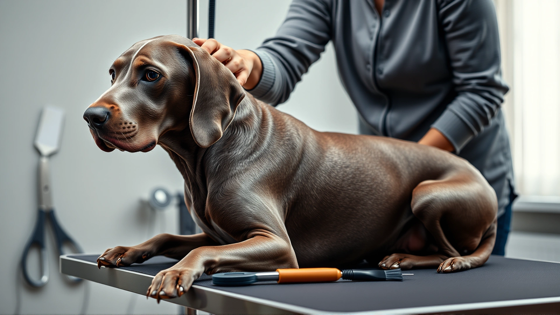 Indoor scene of a dog owner gently brushing a calm Weimaraner on a grooming table, with grooming tools neatly arranged nearby.