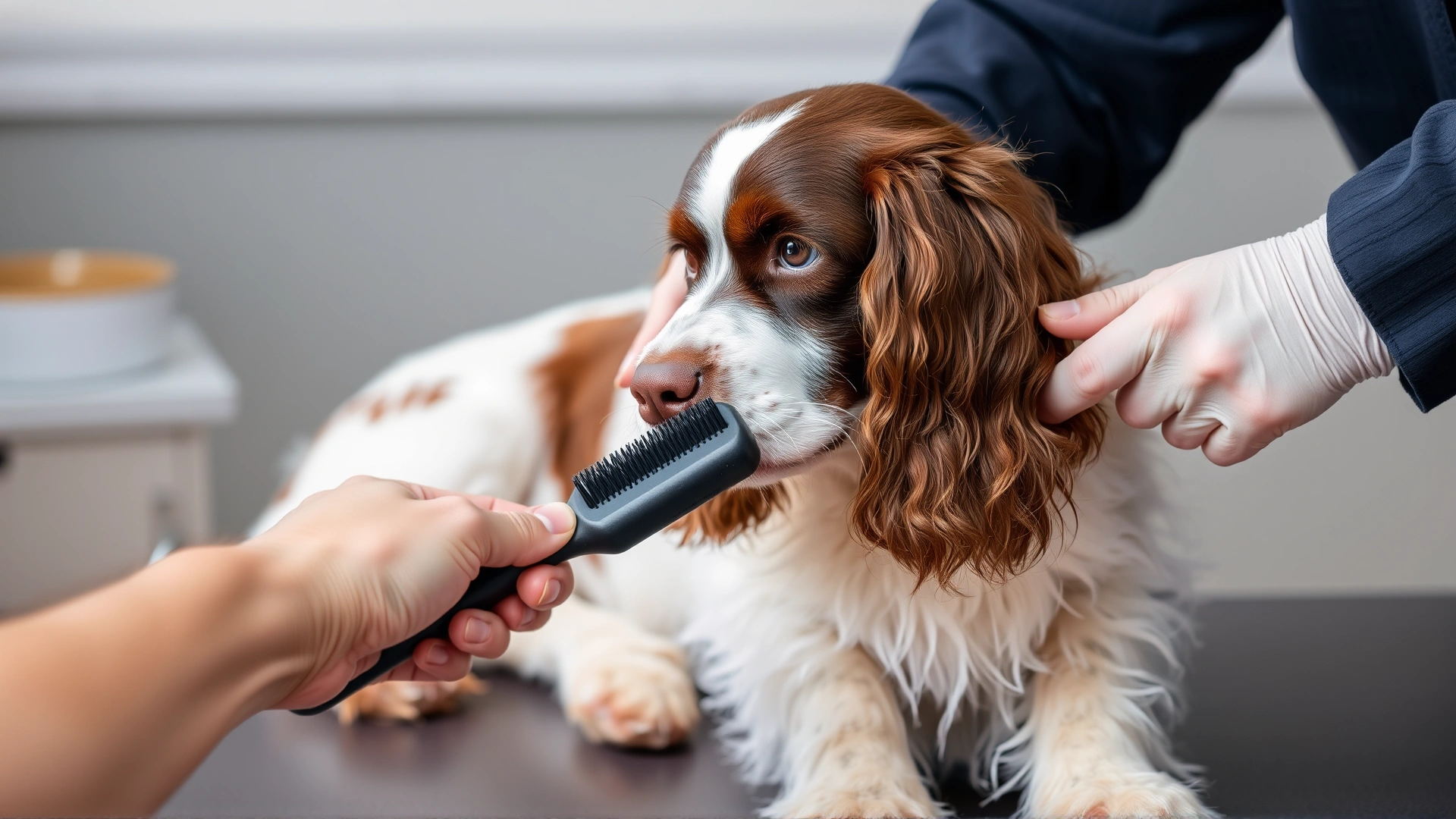 Close shot of a hand brushing a Welsh Springer Spaniel’s coat with a slicker brush on a grooming table.