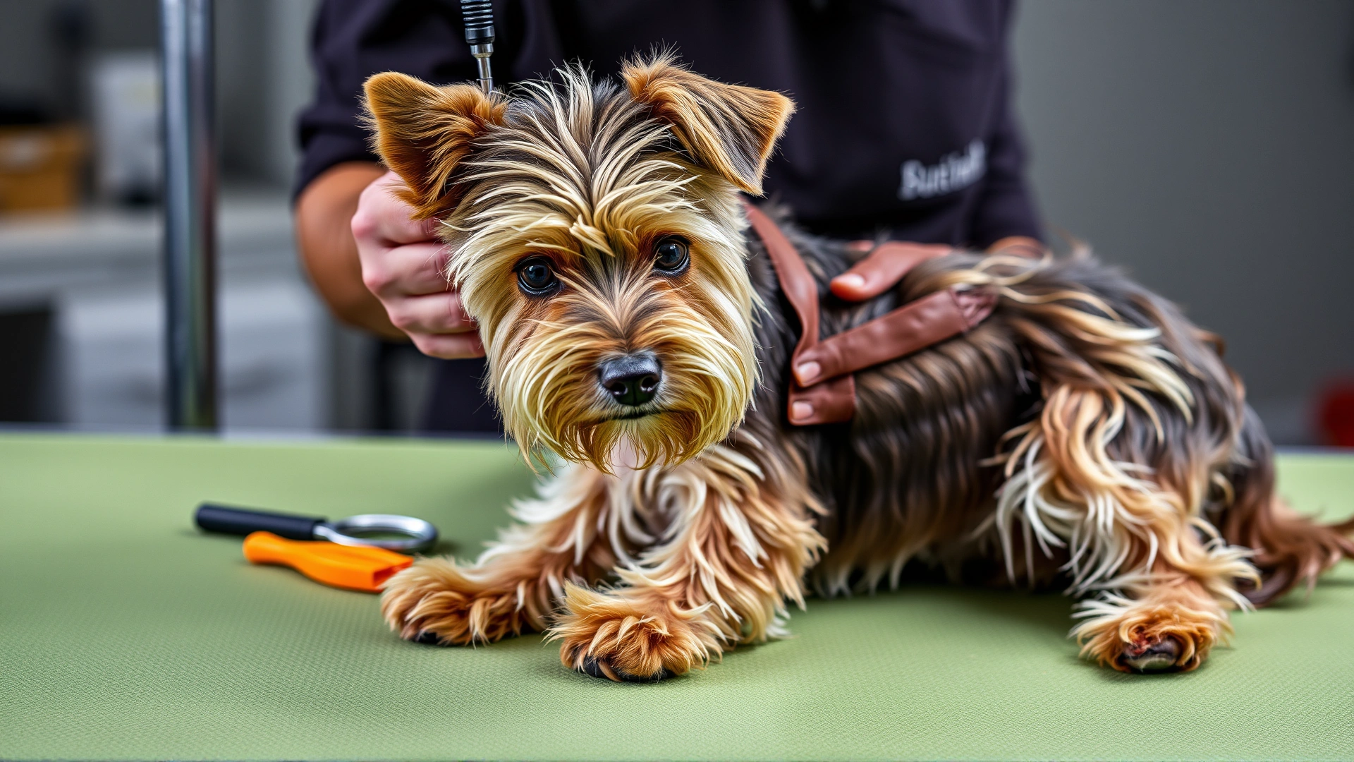 Close-up of a professional groomer hand stripping a Welsh Terrier on a grooming table, grooming tools visible.