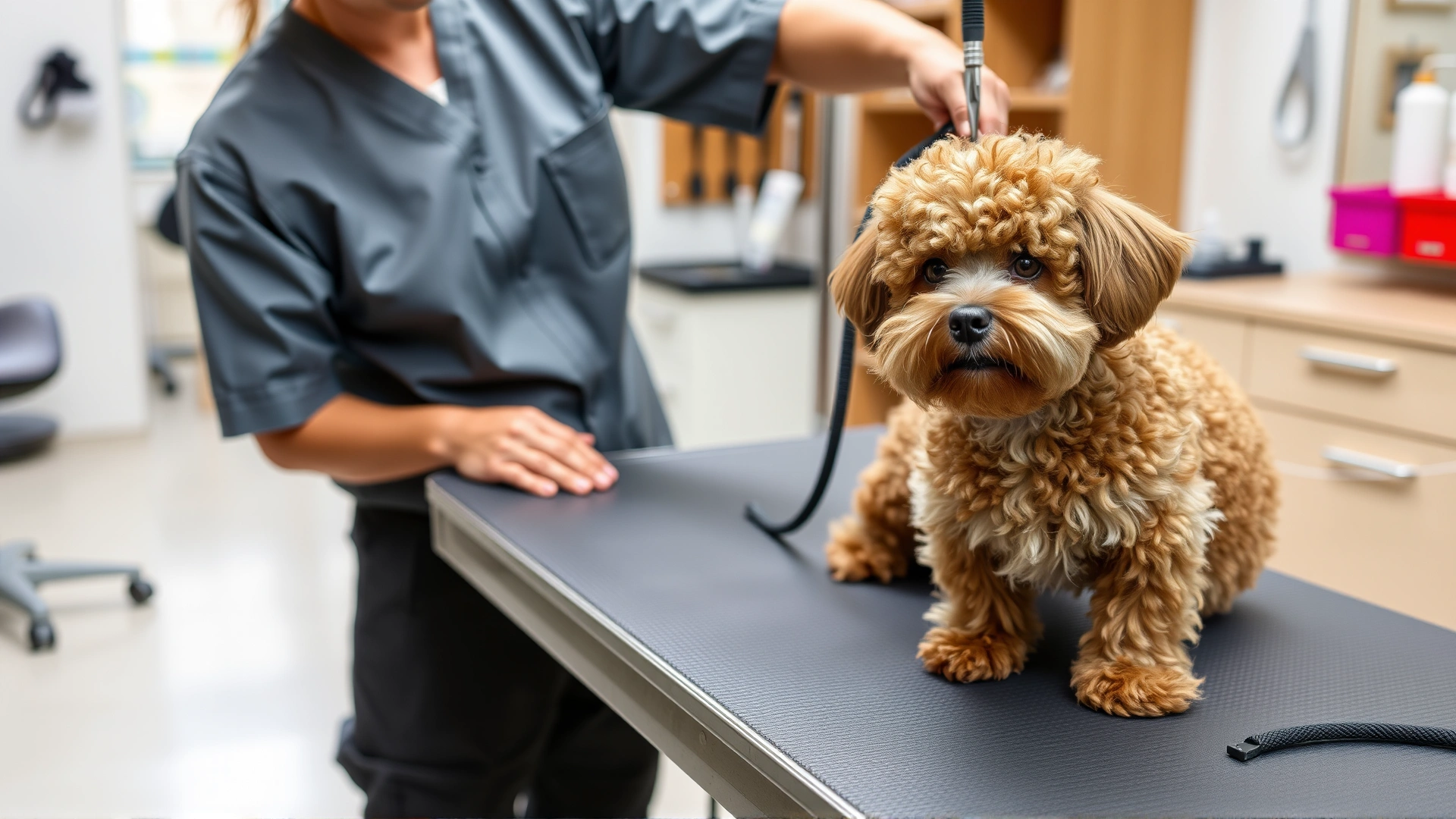 Professional groomer trimming a Whoodle’s curly coat on a grooming table, clean salon environment, no text.