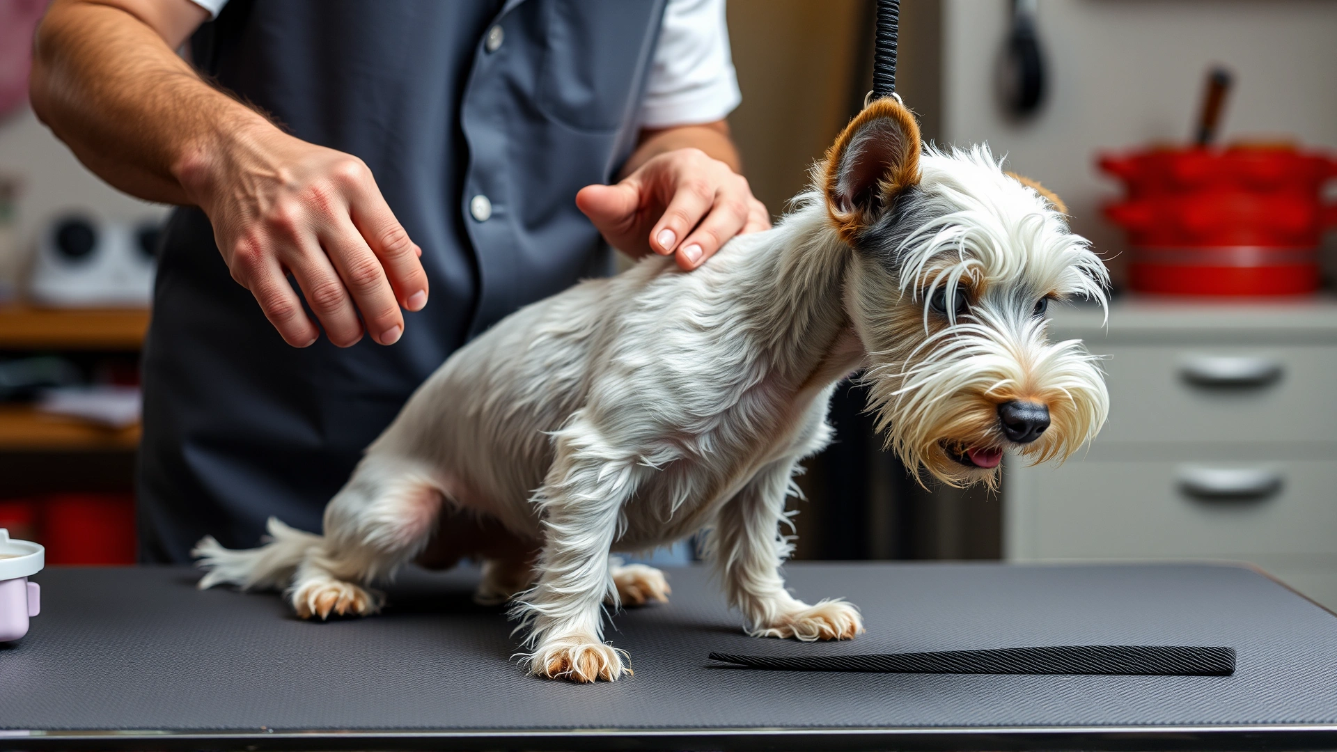 Owner gently hand stripping a Wire Fox Terrier’s coat on a grooming table