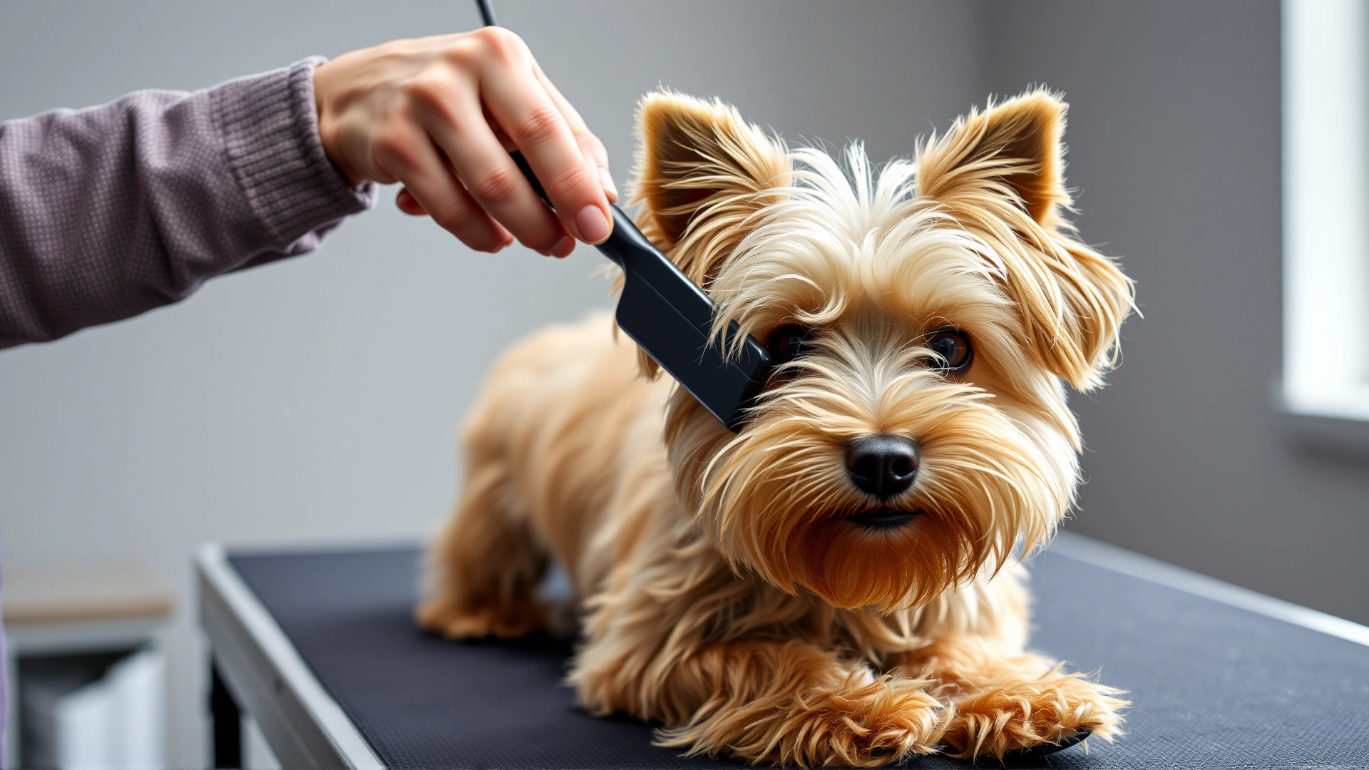 Yorkiepoo being gently brushed by a groomer on a grooming table, focus on the coat texture, bright studio light