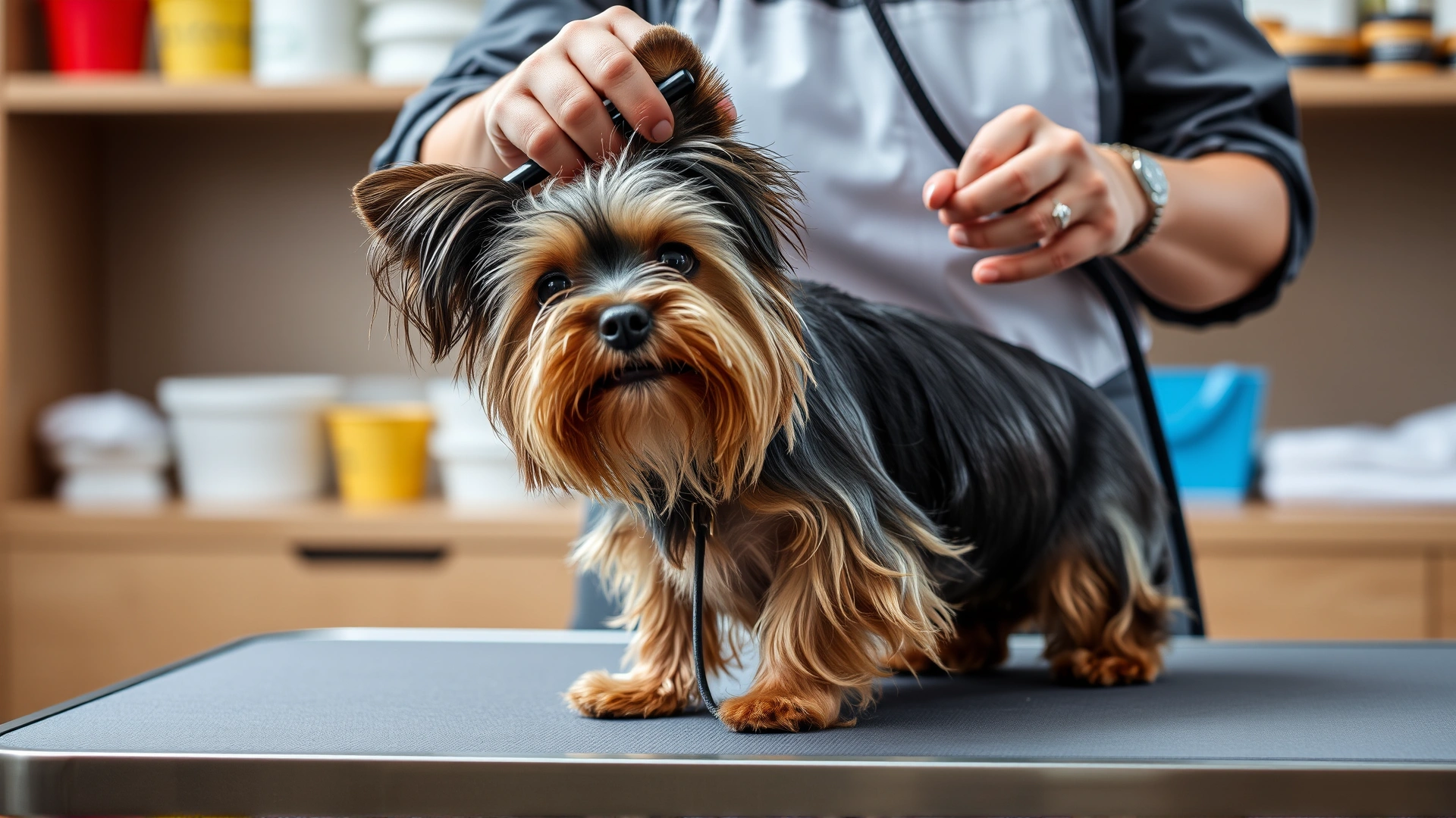 Professional groomer carefully brushing a Yorkshire Terrier on a grooming table, highlighting coat maintenance.