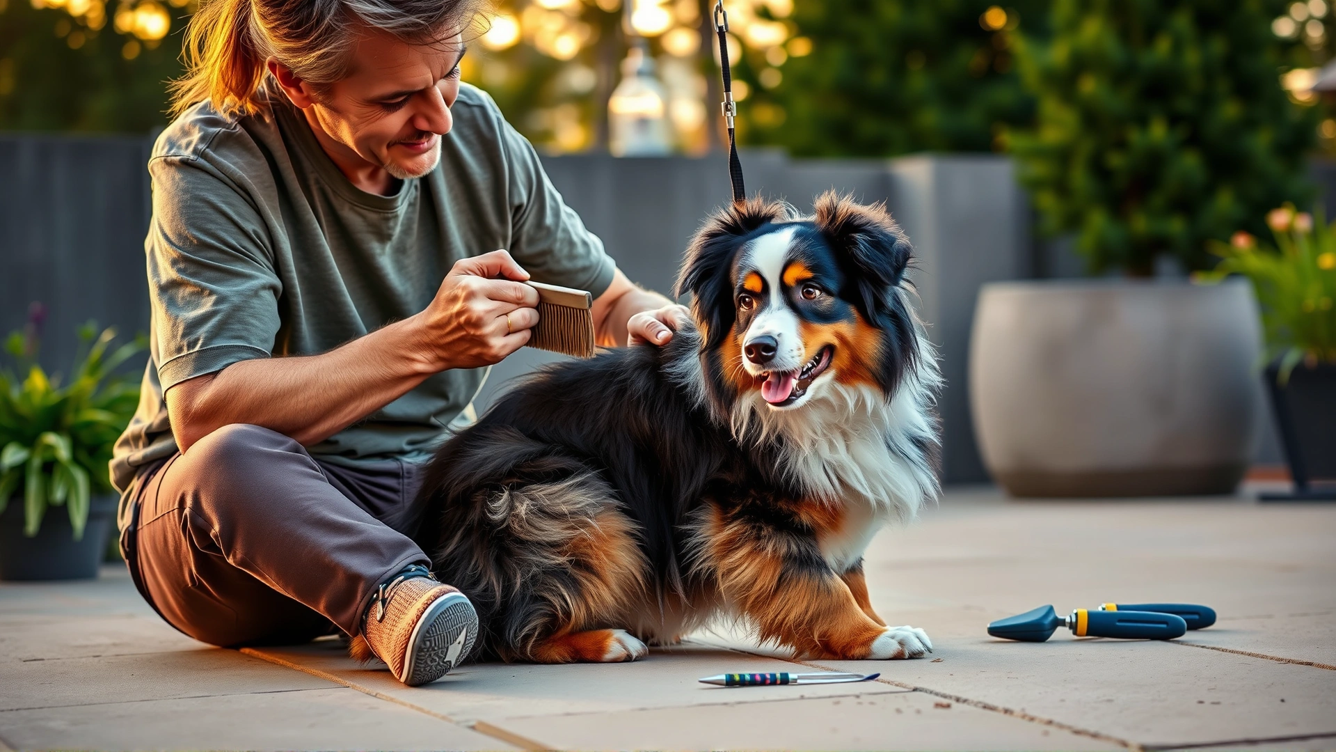 Owner brushing the fluffy coat of an 8-month-old Australian Shepherd on a patio with grooming tools nearby, golden hour lighting, no text