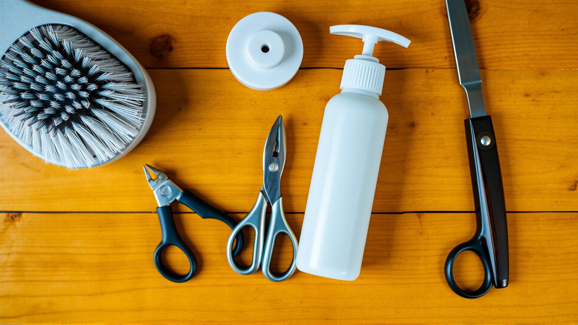 Top-down view of pet grooming tools (brush, nail clipper, shampoo bottle) neatly arranged on a wooden table, no text.