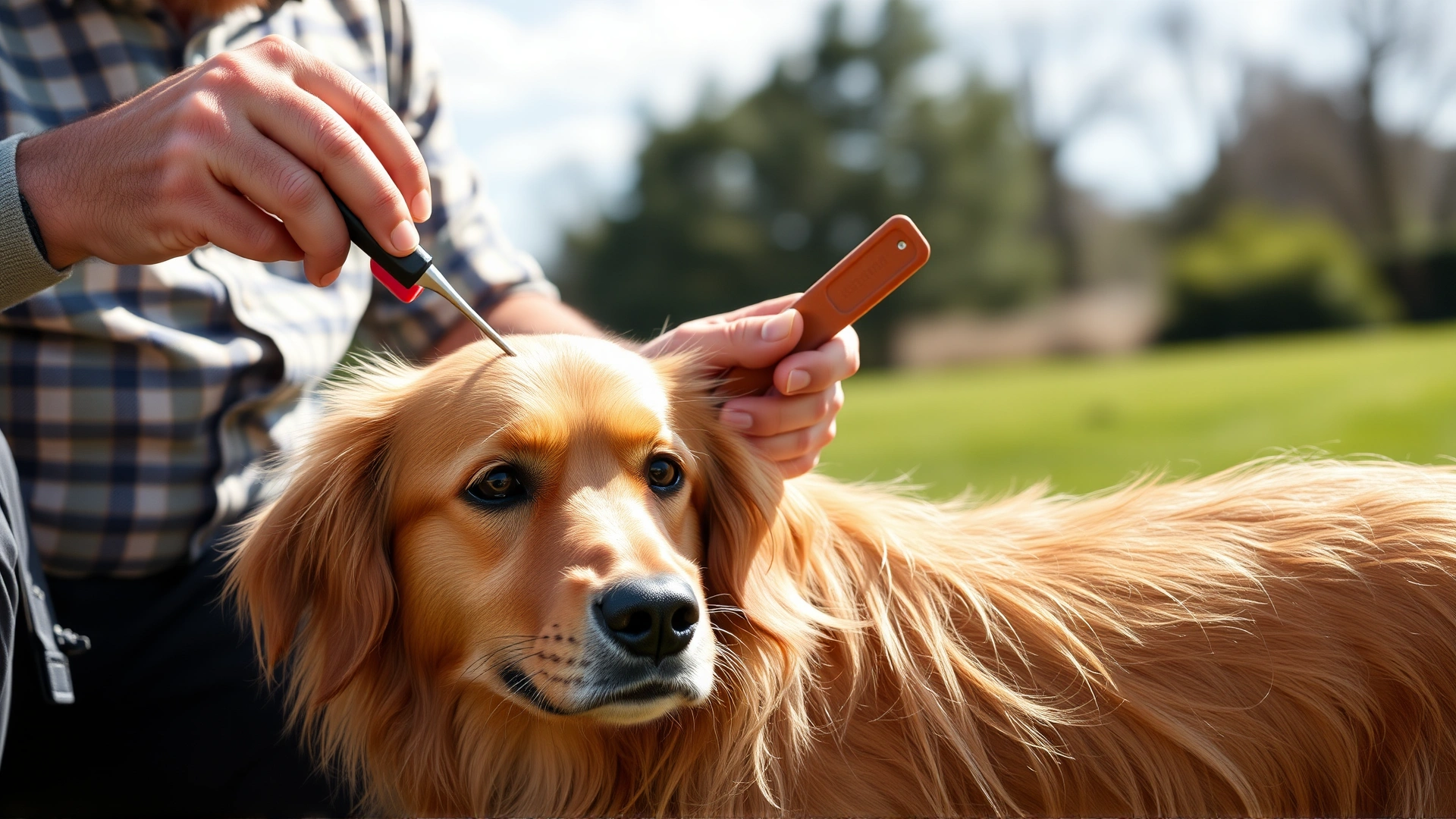 Owner using a fine-tooth flea comb on a medium-haired golden dog outdoors on a sunny day