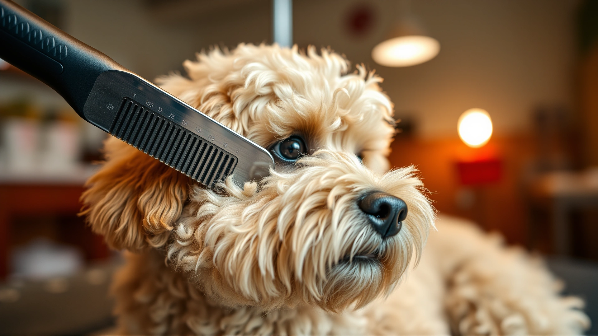 Close-up of a fluffy doodle dog being brushed on a grooming table, focus on the comb gliding through curly fur, warm indoor lighting