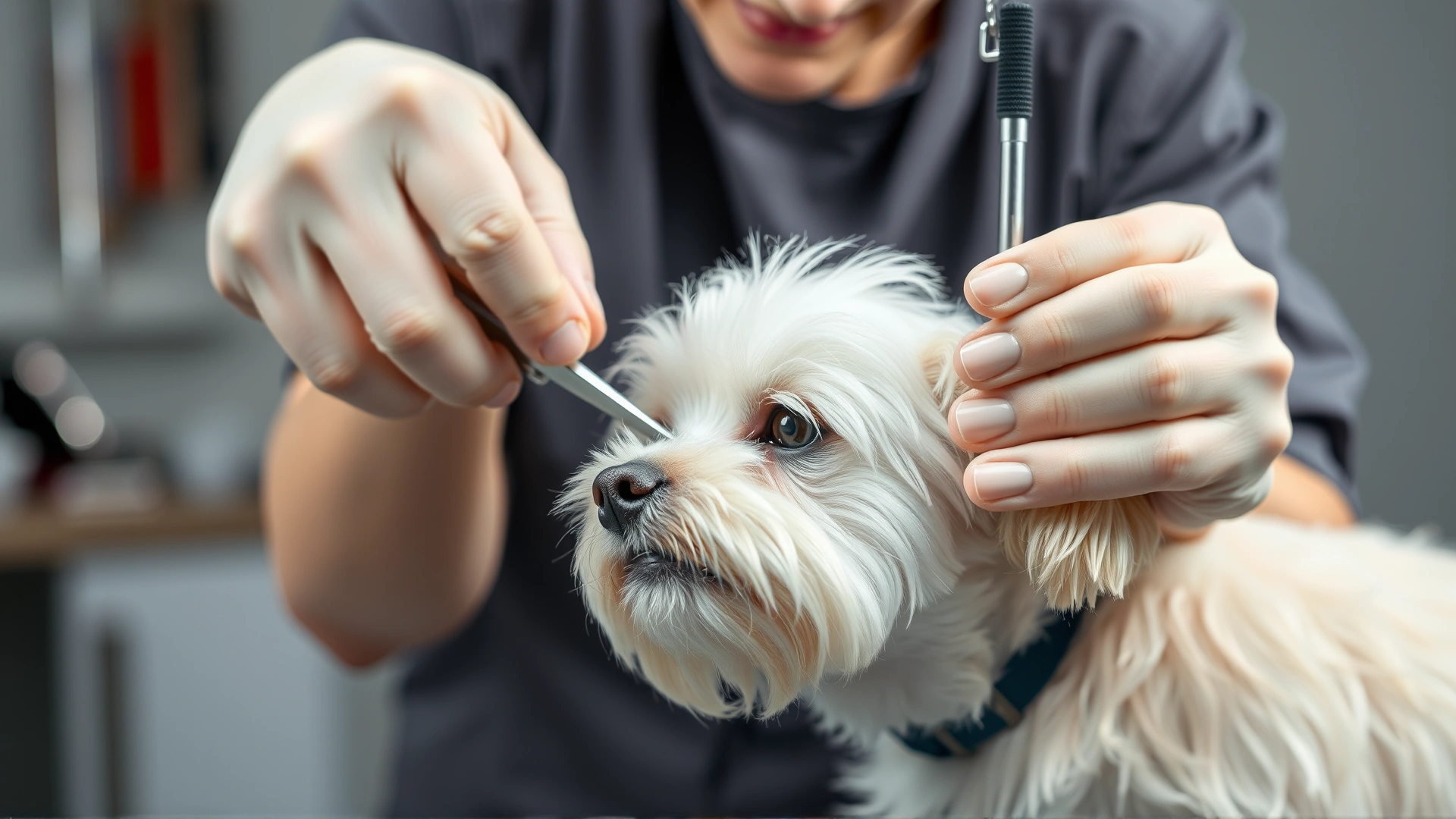 Professional groomer carefully trimming hair around a small white dog's eyes with scissors, grooming table and tools visible, well-lit scene.
