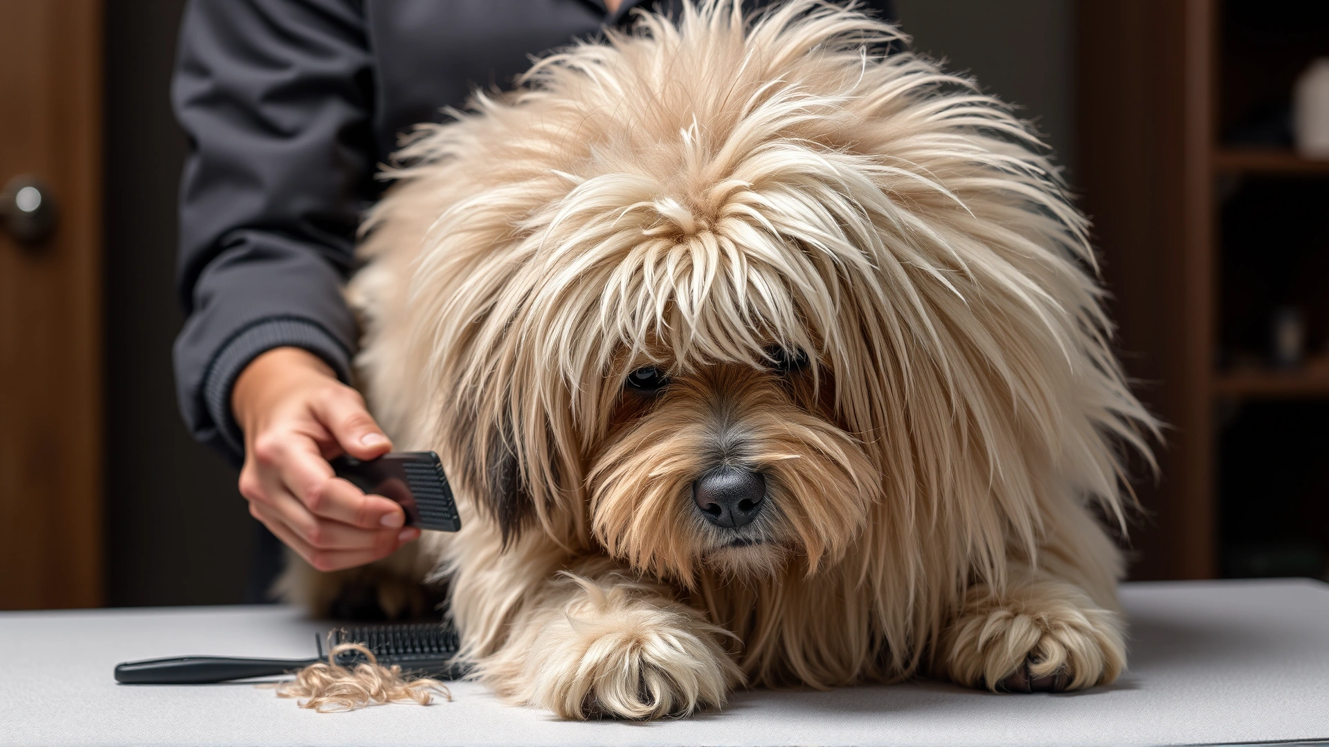 A person gently brushing a large fluffy dog's coat on a grooming table, loose fur visible on the brush.