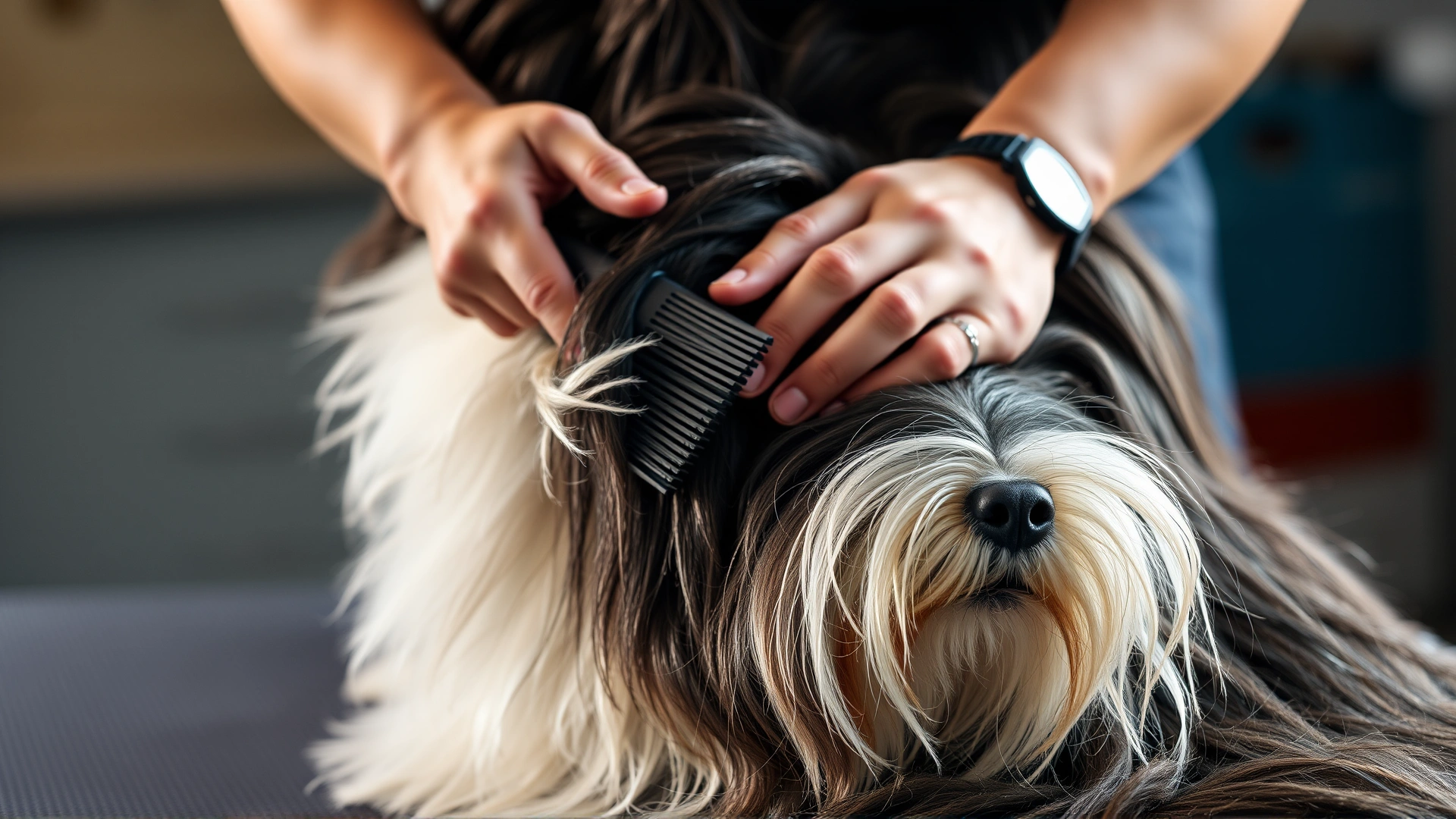Close-up of hands gently brushing a Bearded Collie's long coat on a grooming table, detailed fur texture, soft lighting, high-resolution