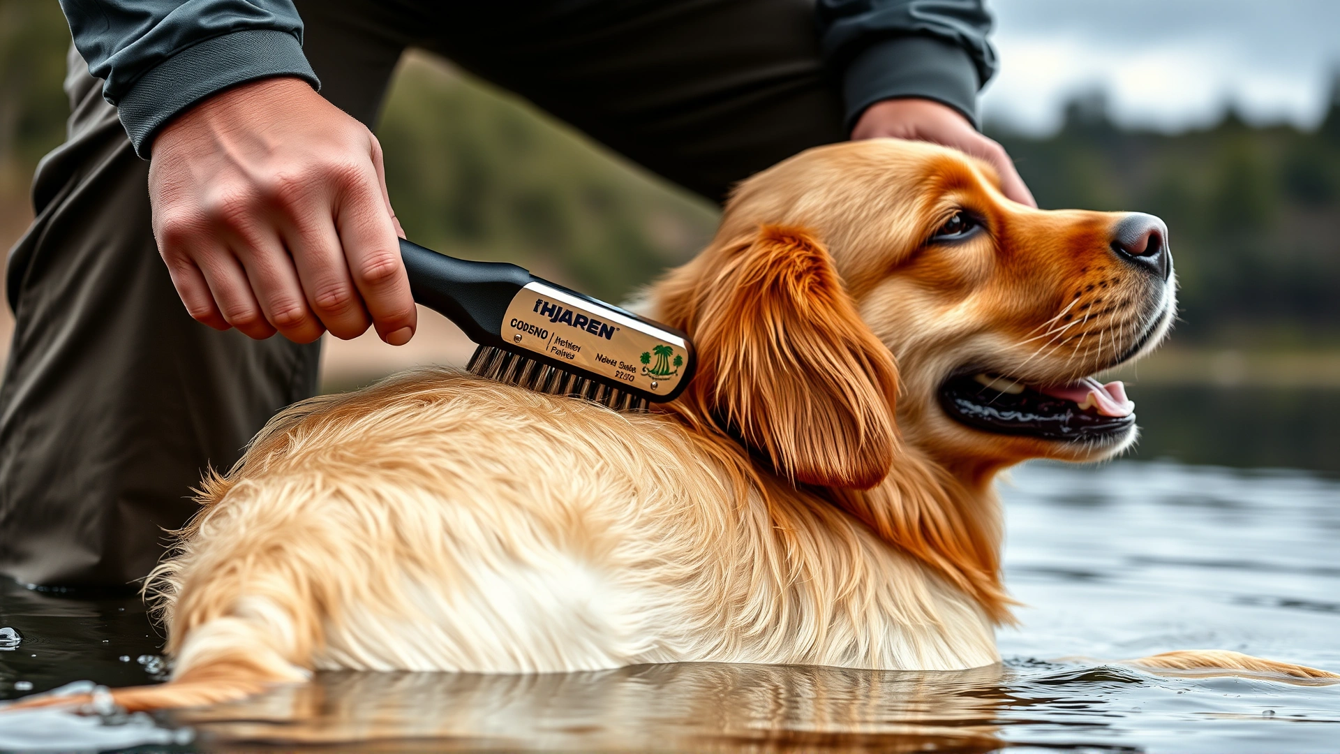 Owner brushing a Golden Retriever’s wet coat with a slicker brush after a swim, highlighting water droplets in fur, taken outdoors near a lake.