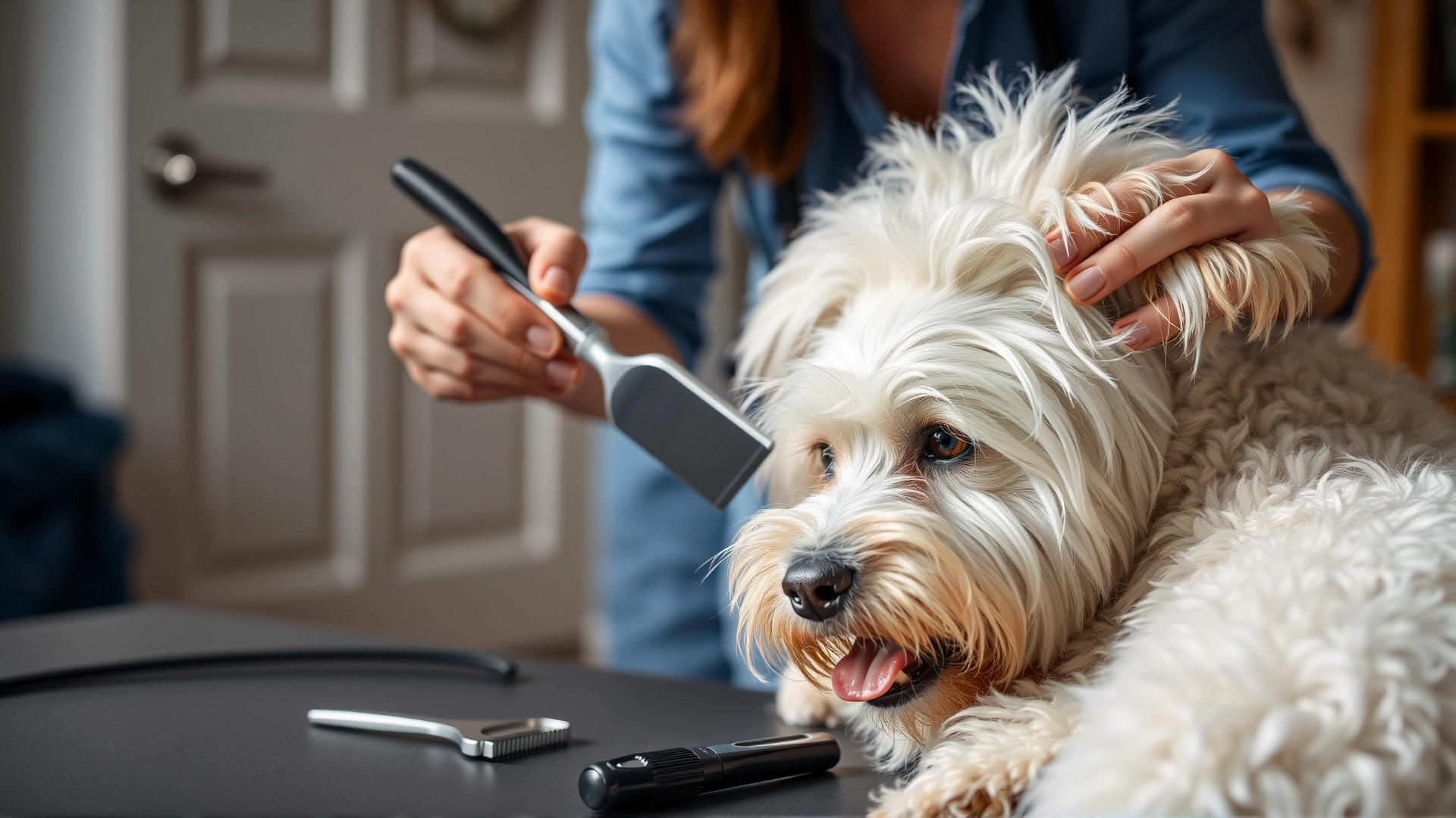 Pet owner brushing a white dog's coat at home, with grooming tools laid out nearby
