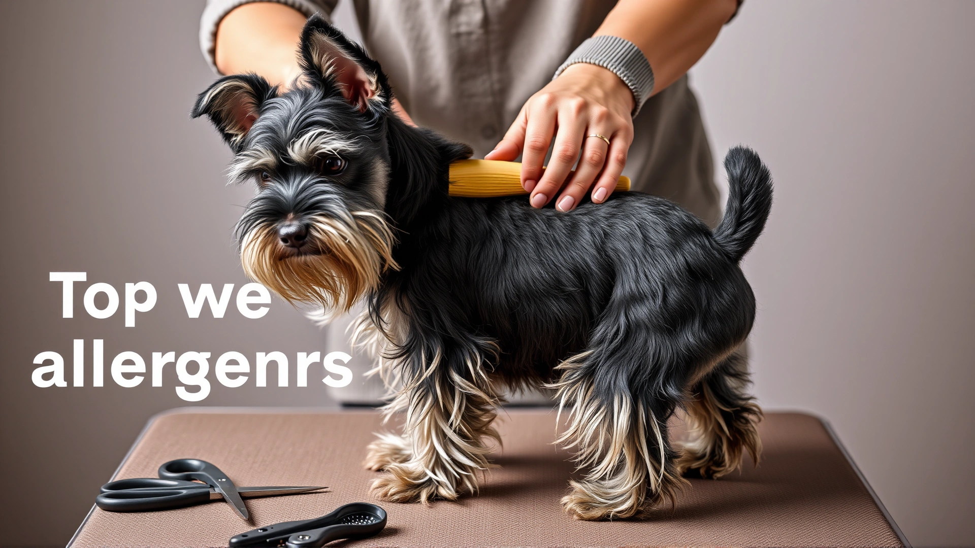 Person carefully brushing a Miniature Schnauzer on a grooming table with tools neatly arranged, illustrating proper grooming to reduce allergens.