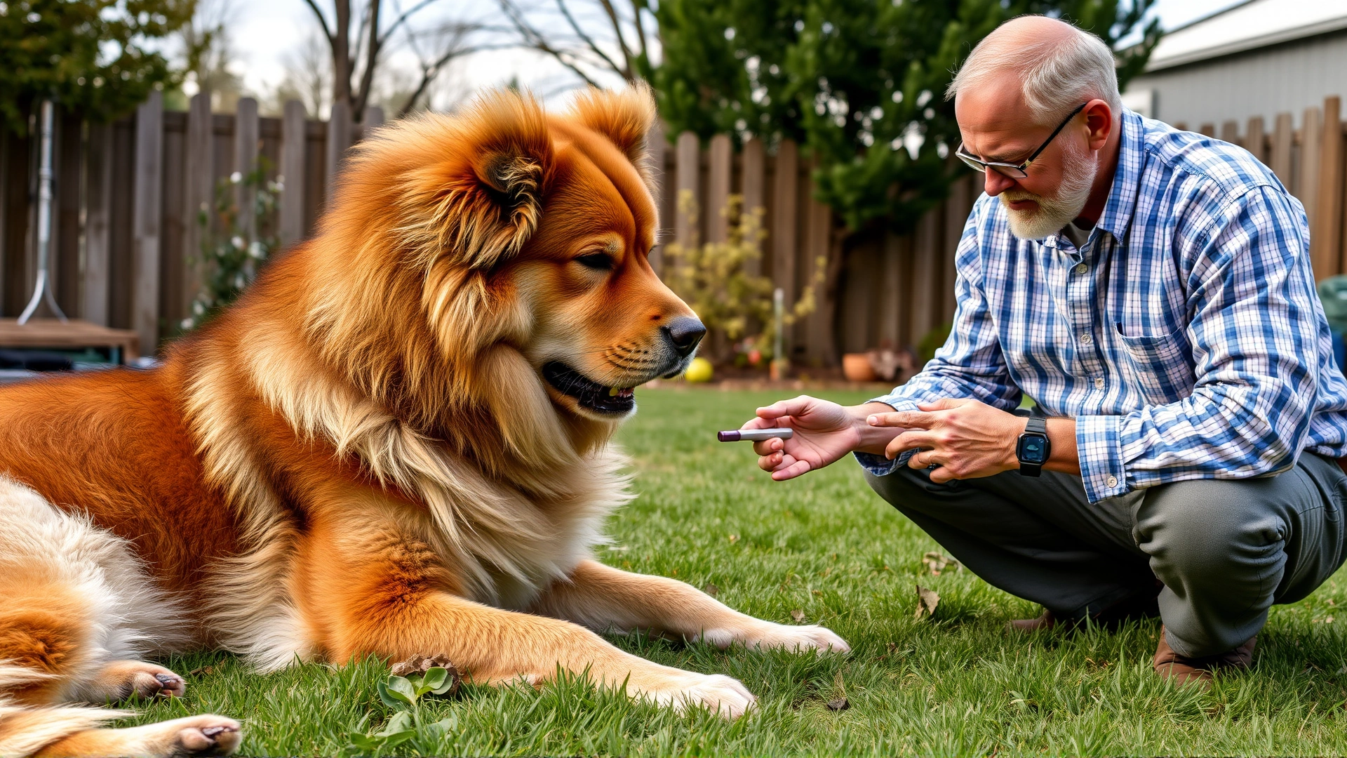 Owner trimming nails and brushing fur of a gentle giant dog in a backyard setting.