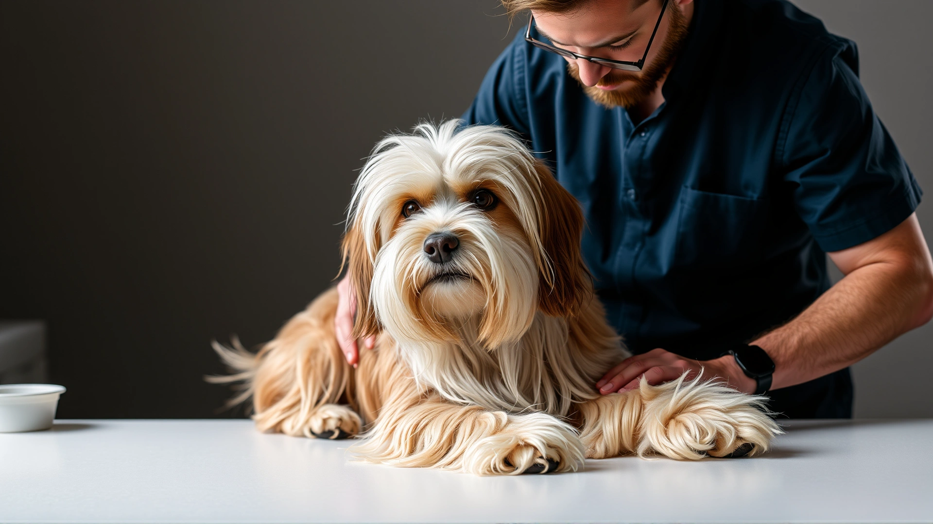 Professional groomer brushing a long-haired dog on a grooming table, soft studio lighting