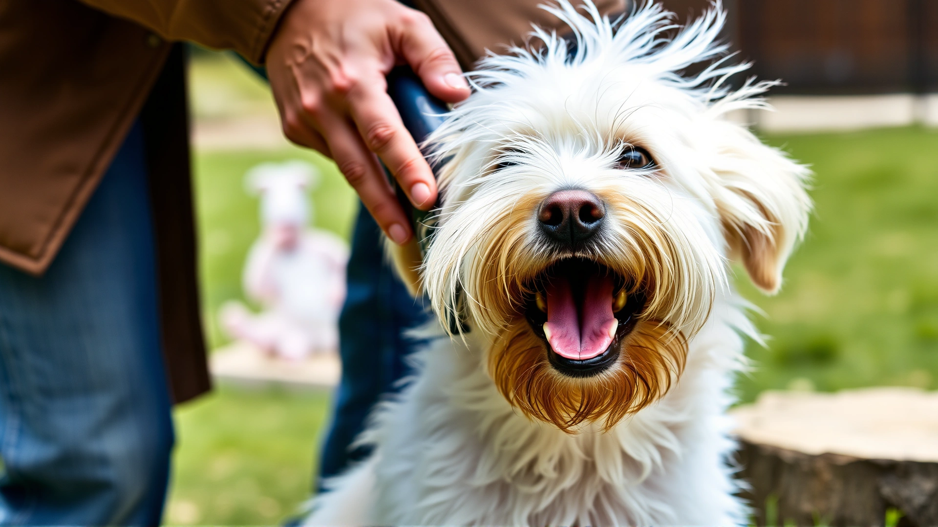 Owner brushing a fluffy dog outdoors with loose fur flying, summer background, close-up, no text