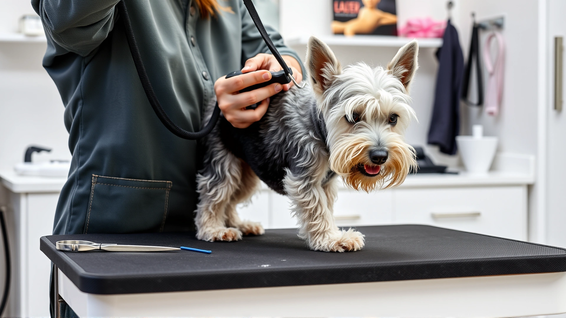Professional groomer trimming a Bedlington Terrier on a grooming table, tools visible, clean salon setting