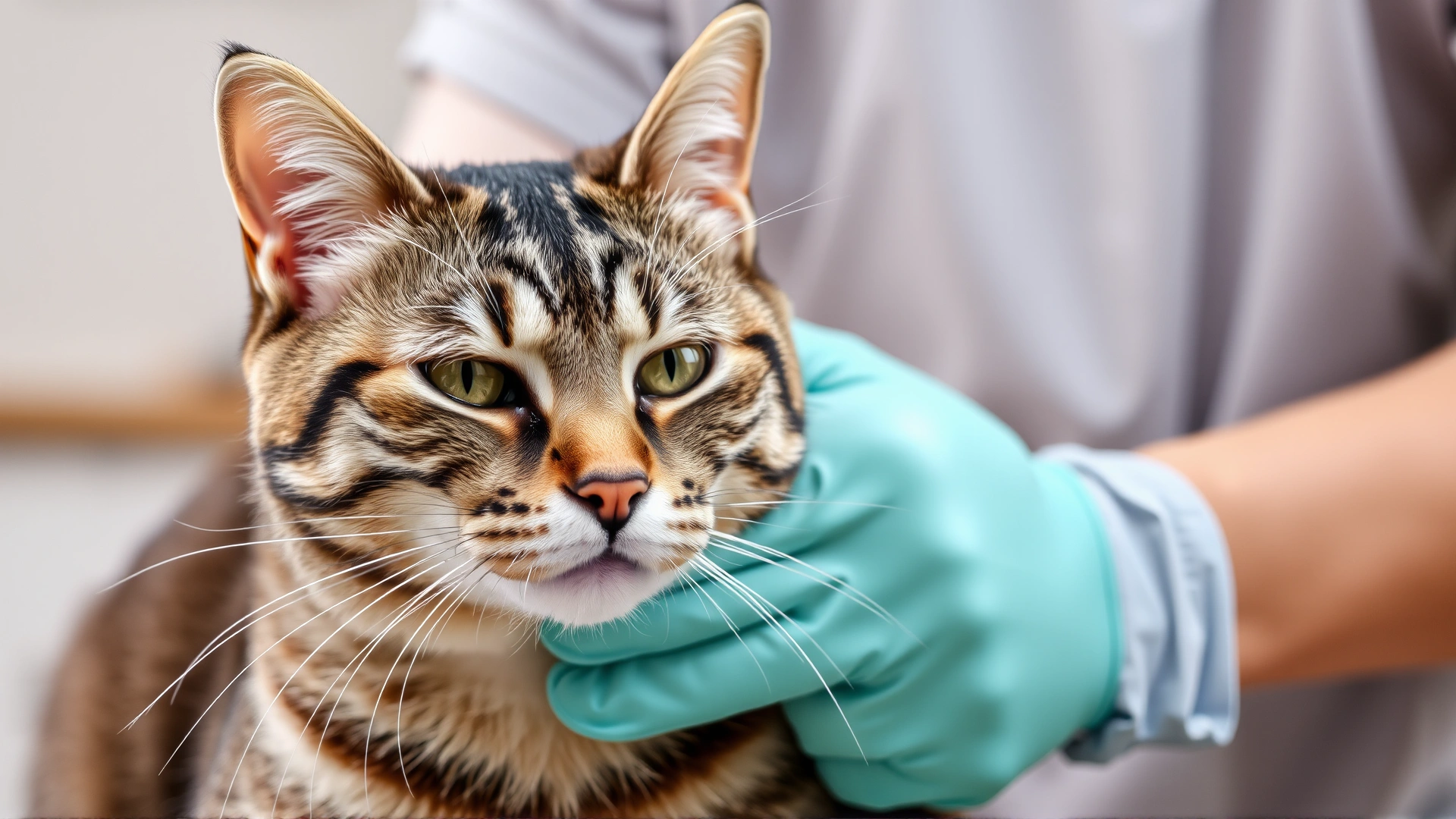 Owner gently brushing an American Shorthair cat with a rubber grooming glove, cat looking relaxed.