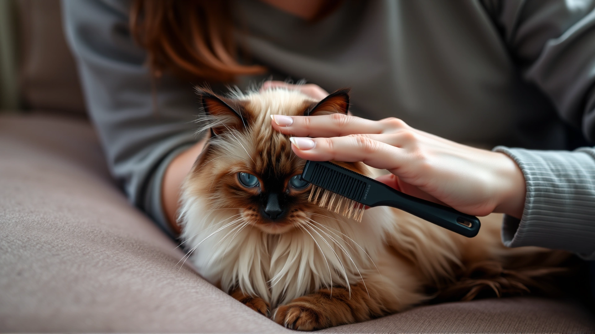 Owner gently brushing a Balinese cat's silky coat on a cozy couch, loose hairs visible on brush.