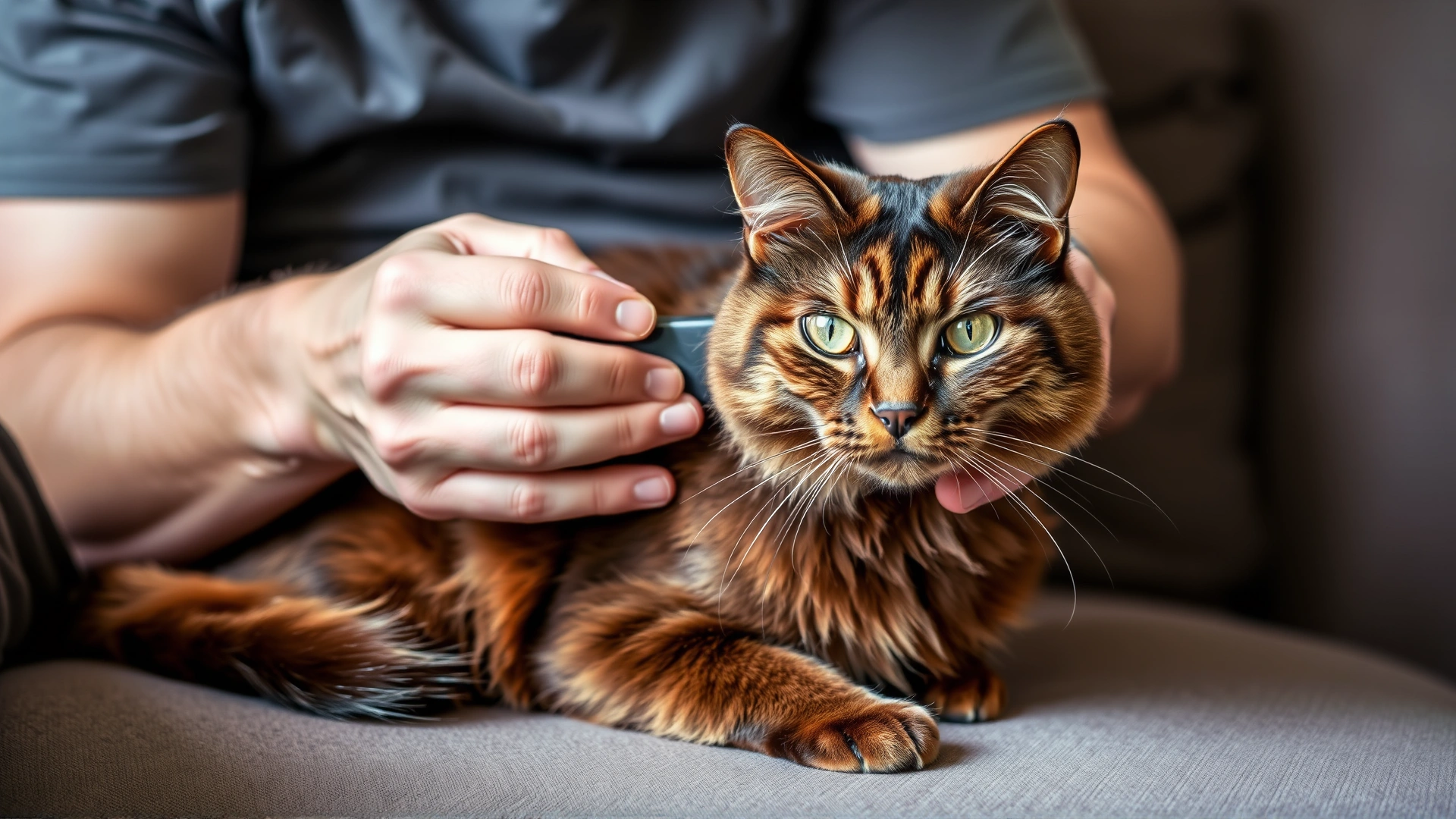 Owner gently brushing a shiny-coated Bombay cat on a cozy couch, emphasizing simple grooming needs.