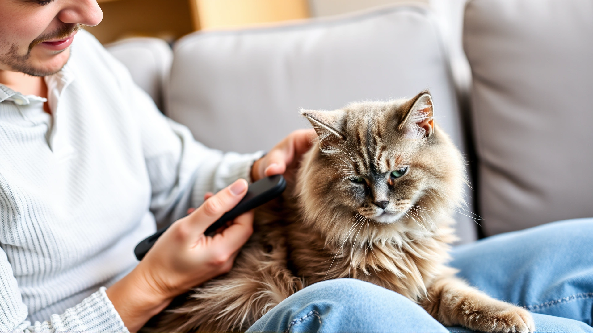 Owner gently brushing a British Shorthair's dense coat with a slicker brush on a sofa, lifestyle shot.