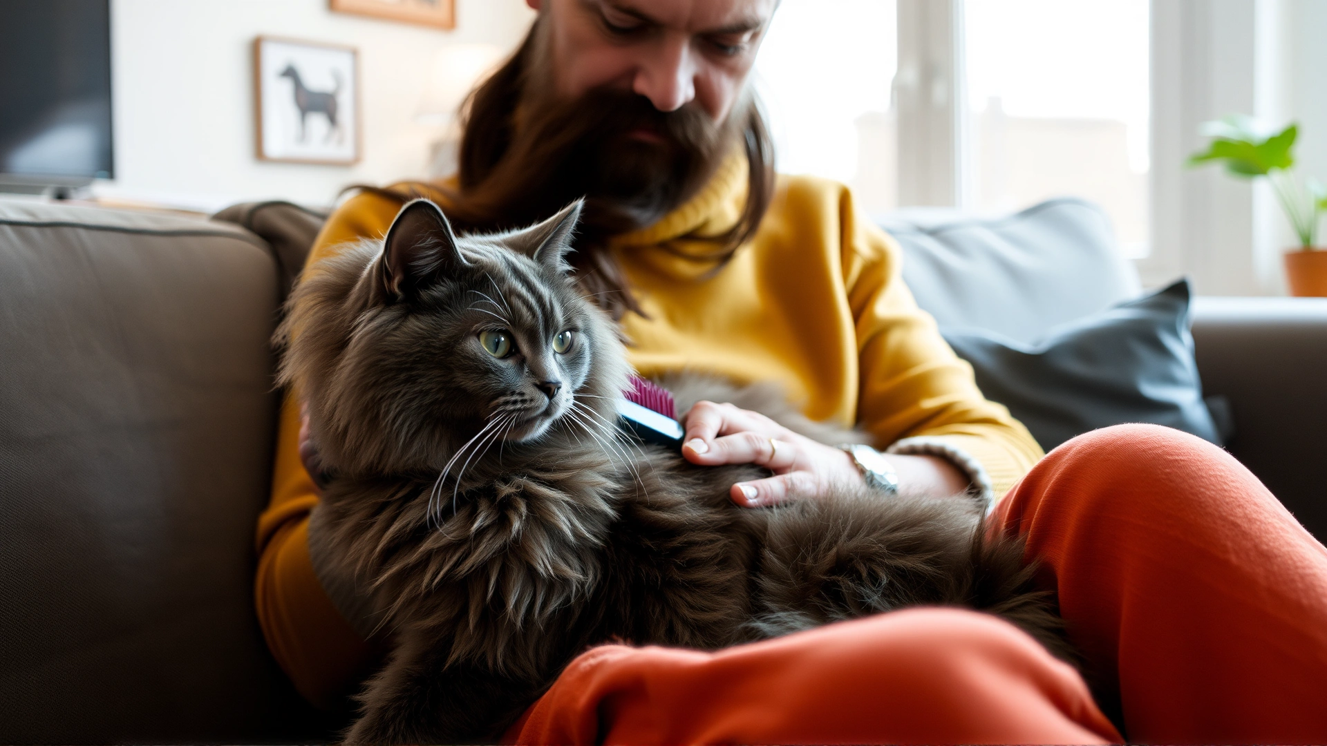Owner gently brushing a Chartreux cat’s dense coat on a comfortable couch in a cozy living room