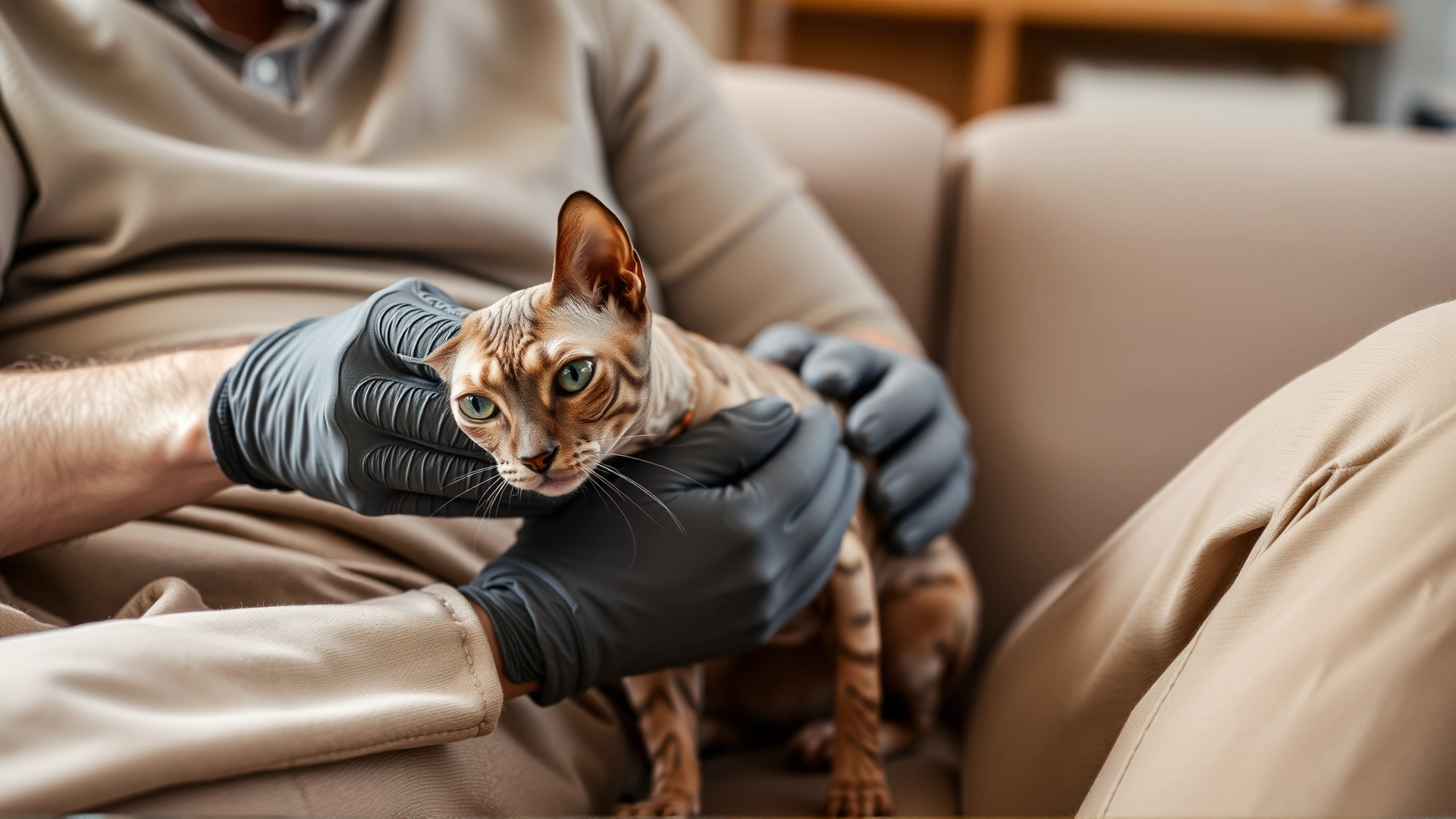 Owner gently brushing a Cornish Rex cat with a soft grooming glove on a sofa