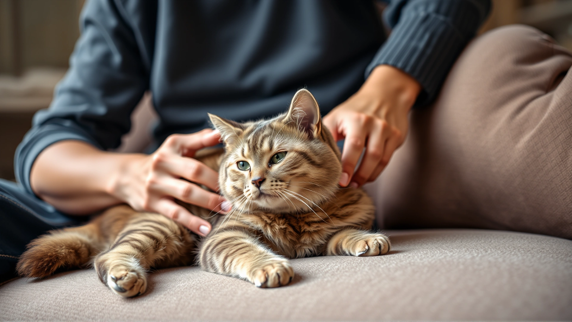 Owner gently brushing a European Shorthair cat on a sofa, emphasizing the short dense fur, cozy home atmosphere