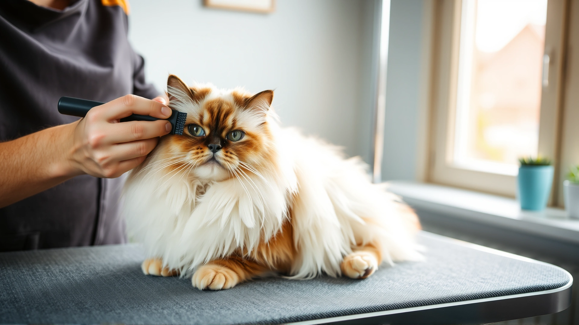 An owner gently brushing the long coat of a relaxed Himalayan cat on a grooming table, with soft morning light entering from a nearby window.