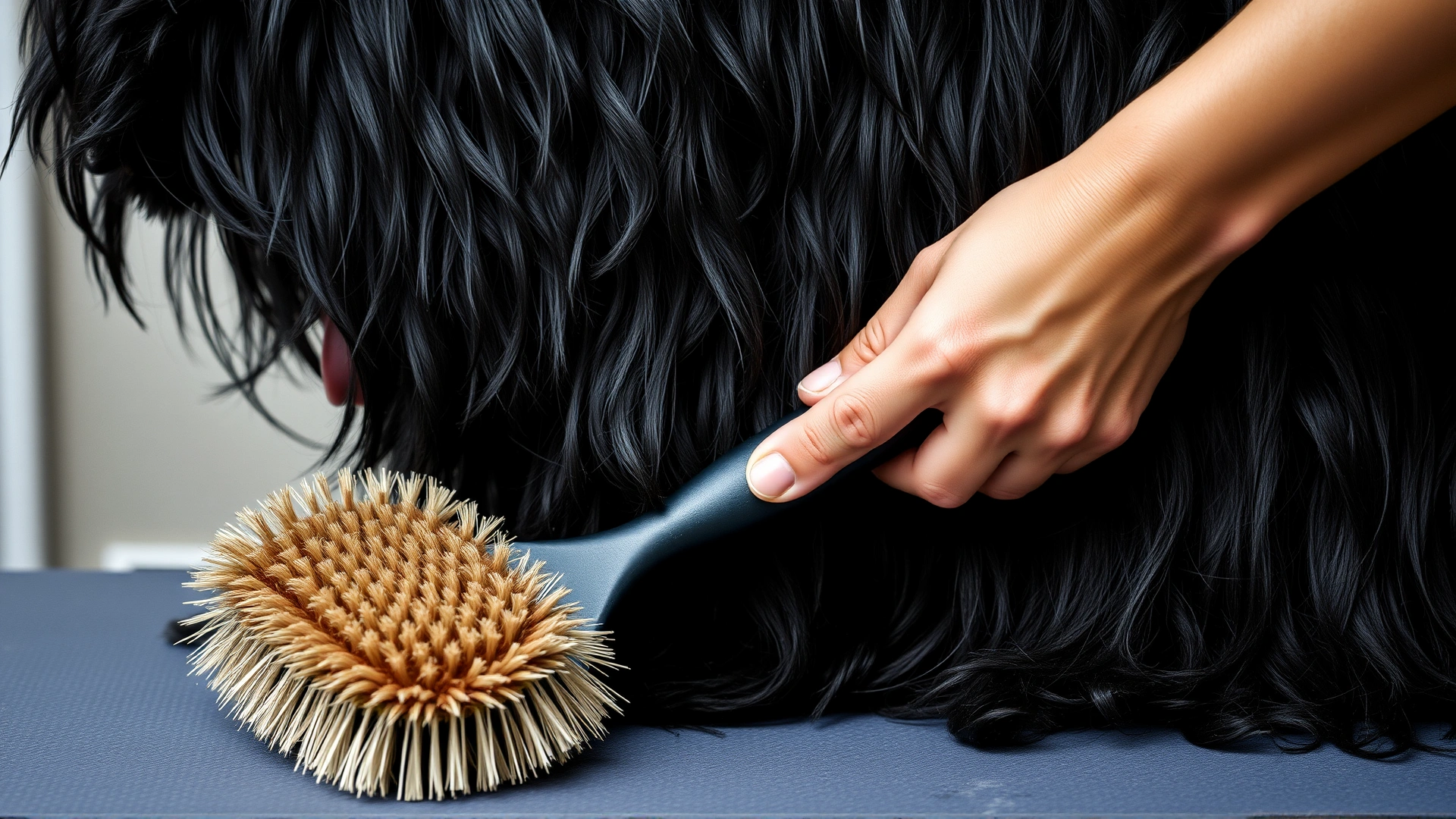 Close-up of hands brushing the long black double coat of a Belgian Sheepdog on a grooming table, fur on slicker brush