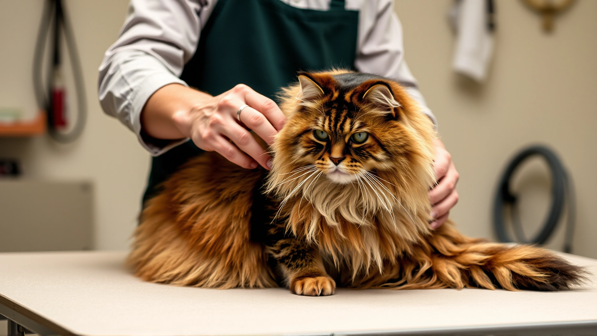 An owner gently brushing a Maine Coon’s thick coat on a grooming table, emphasizing care routine.