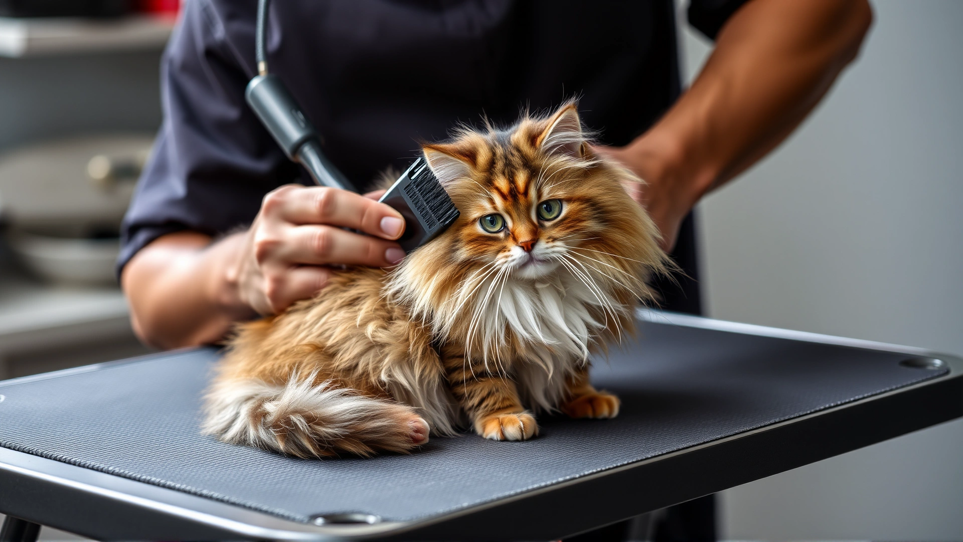 Owner brushing a long-haired Munchkin cat on a grooming table, emphasizing fur care.