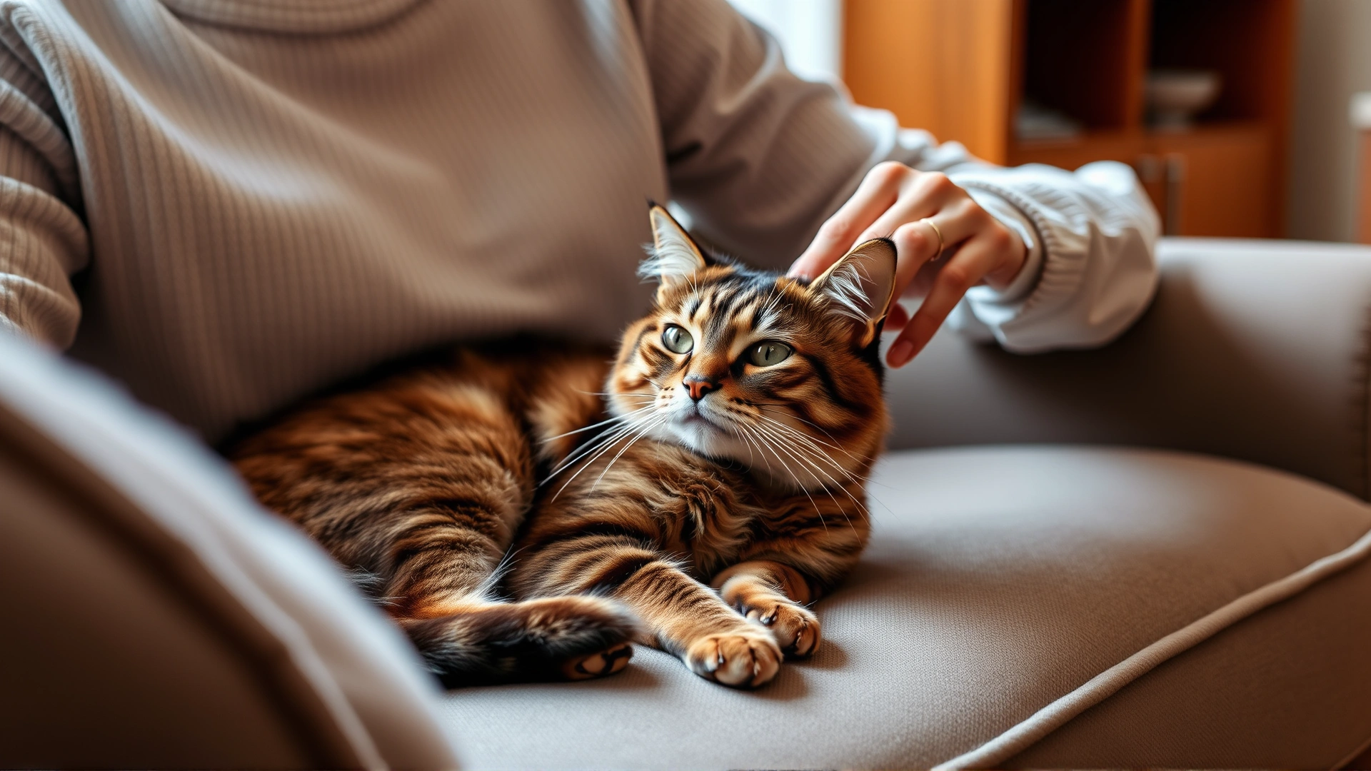 Owner gently brushing the short coat of an Oriental Shorthair cat while the cat relaxes on a sofa, warm home environment