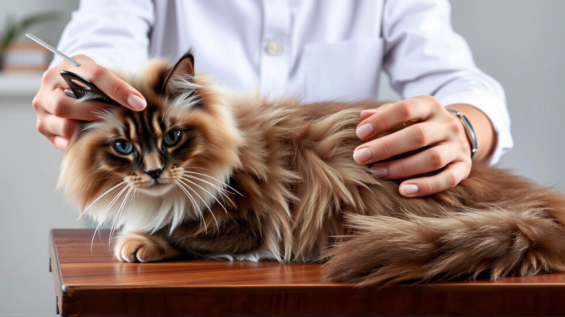 Owner gently brushing a Ragdoll cat's silky semi-long fur with a metal comb on a wooden table