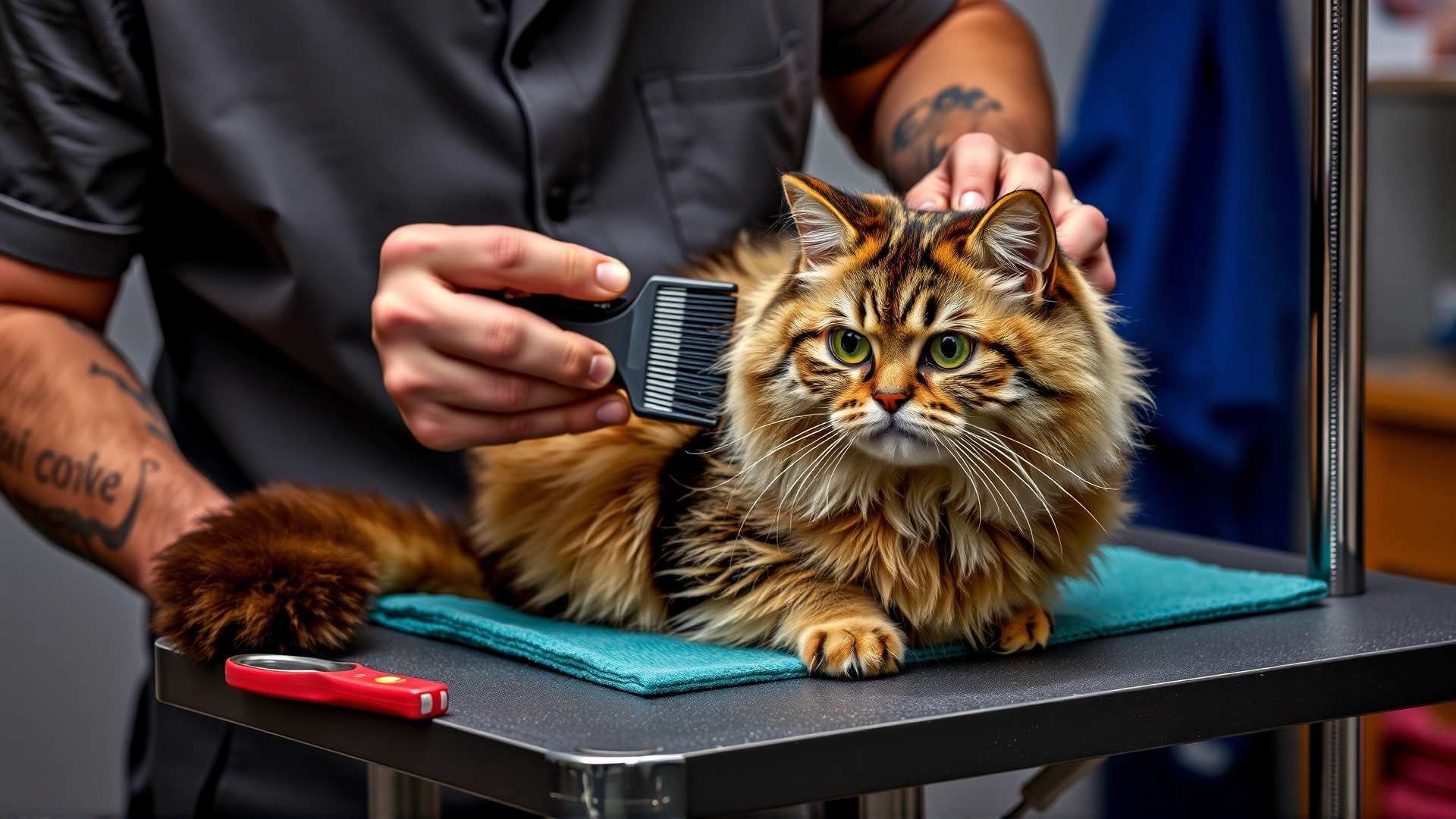 Owner brushing a Scottish Fold cat's plush coat on a grooming table, with tools visible.
