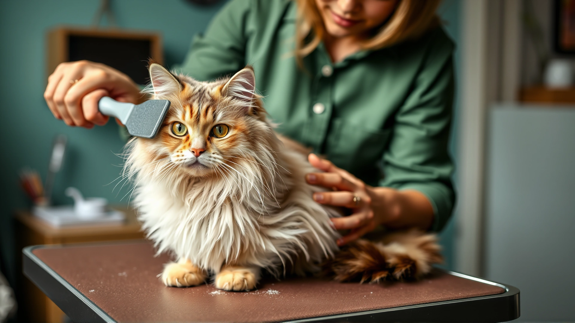 Owner gently brushing a long-haired Selkirk Rex cat on a grooming table, highlighting the curls and shedding fur