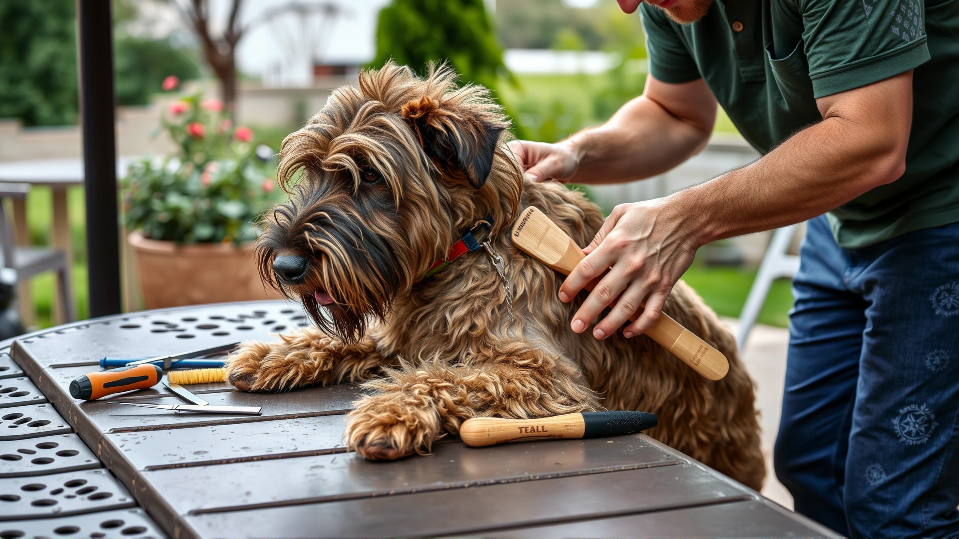 Owner gently brushing a Berger Picard's coarse coat on a patio table, grooming tools visible, calm setting