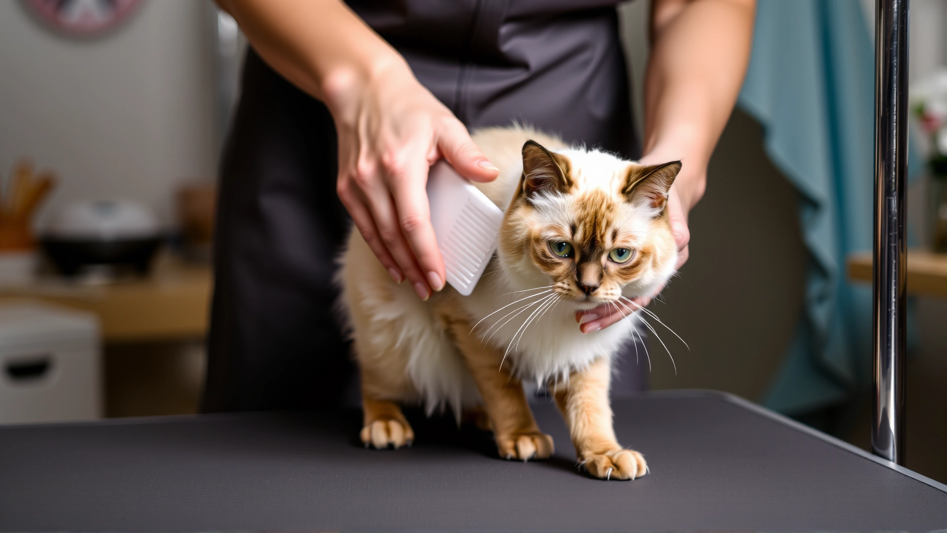 Owner gently brushing the short, silky coat of a Tonkinese cat on a grooming table
