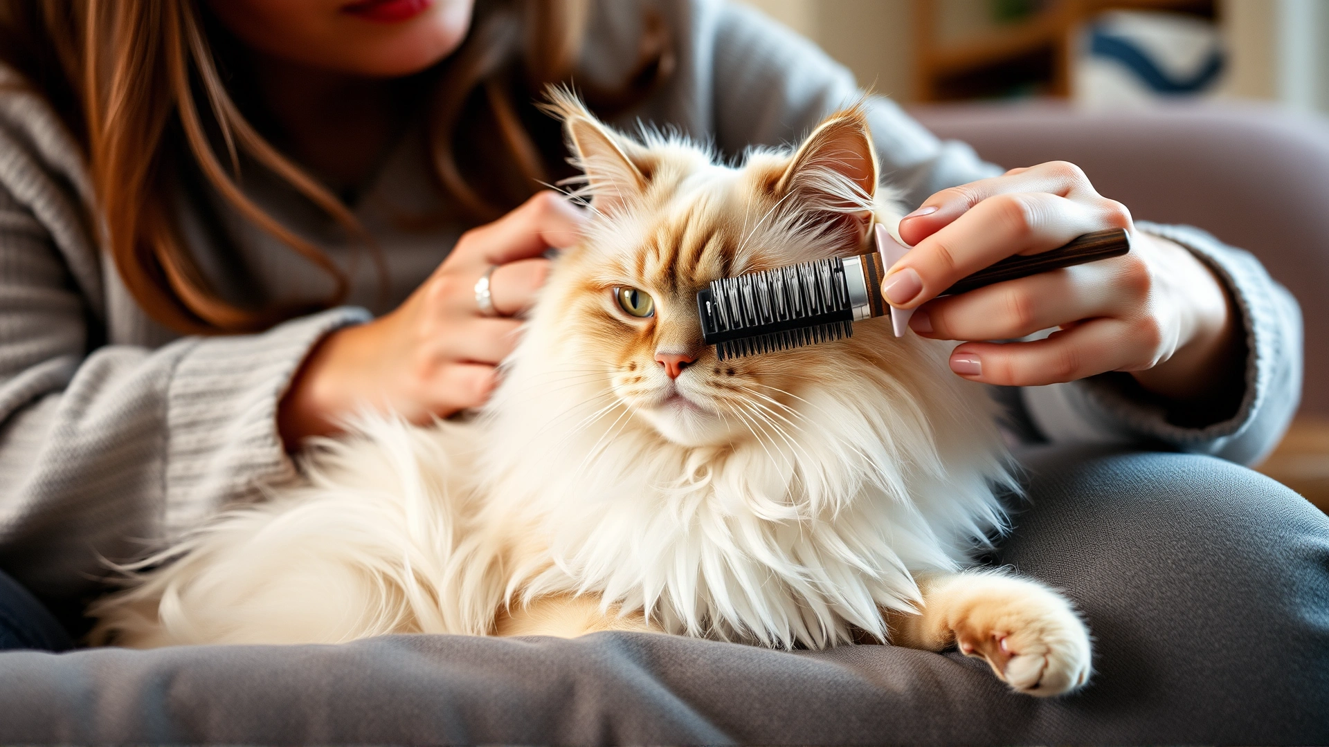 Owner gently brushing a Turkish Angora cat with a slicker brush on a couch, loose hairs visible on brush bristles, warm home atmosphere.