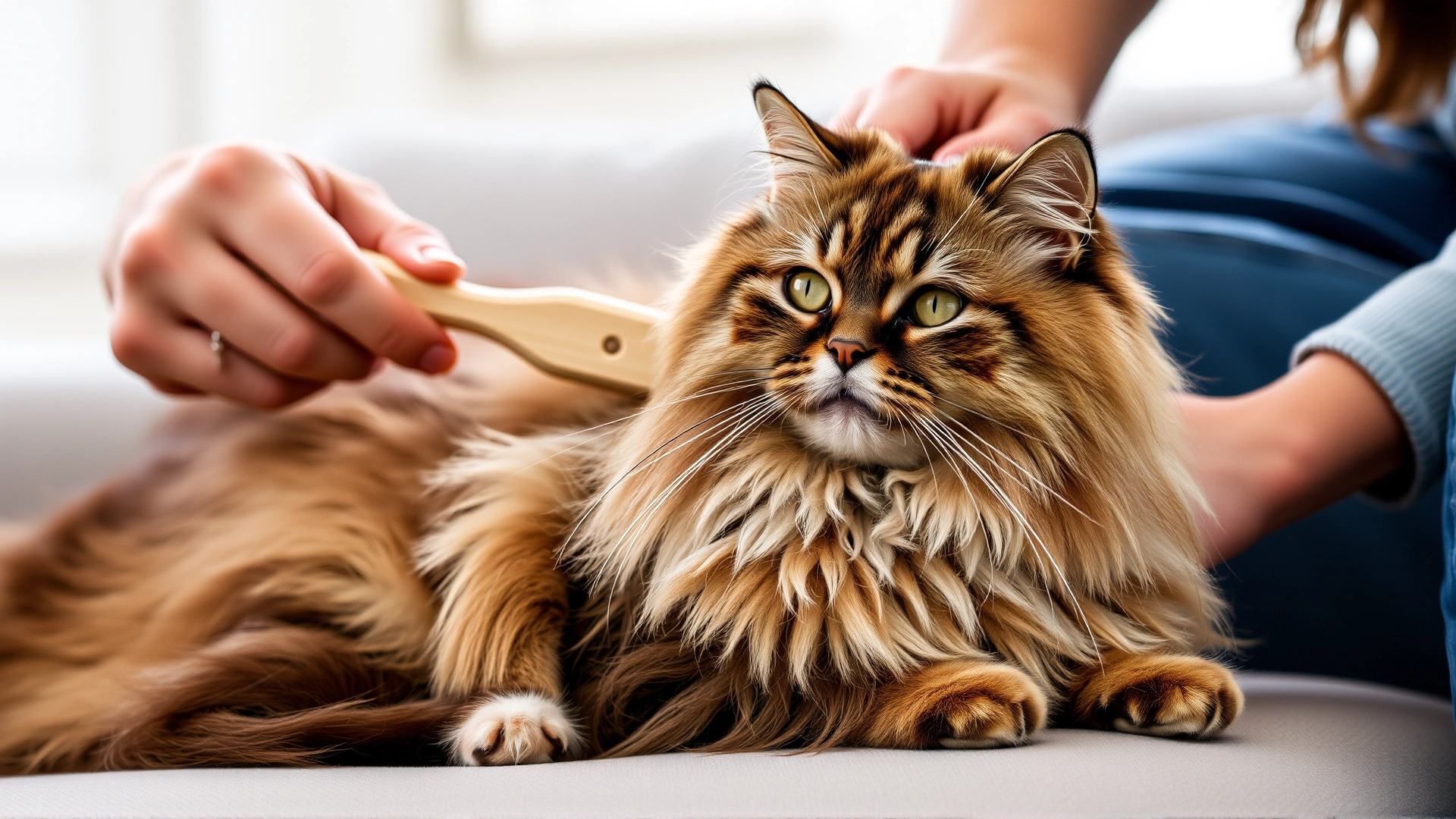 Owner gently brushing a long-haired cat with a soft brush while the cat looks relaxed on a couch