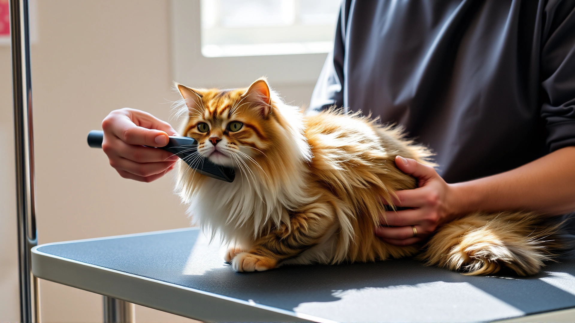 Owner brushing a long-haired cat on a grooming table, natural daylight, showing pet care bonding moment