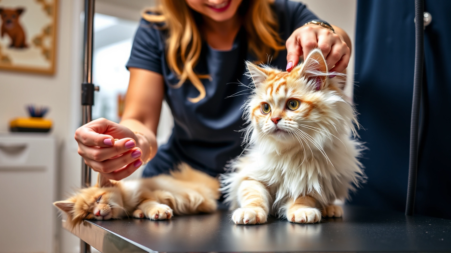 Professional pet groomer combing a Persian cat on a salon table before trimming, clean bright environment, high-resolution photo.