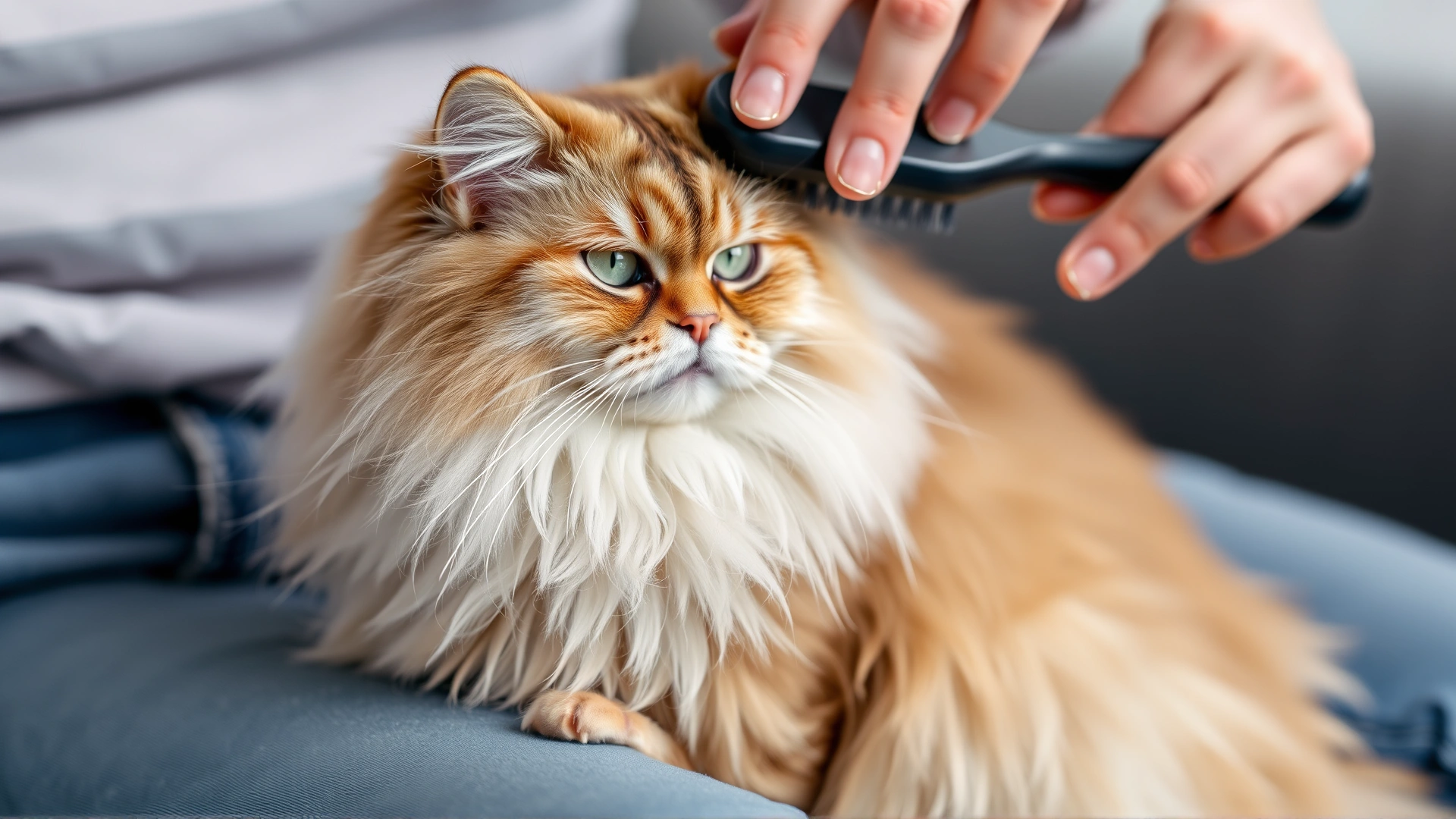 Long-haired senior cat sitting on its owner's lap while being softly combed with a slicker brush