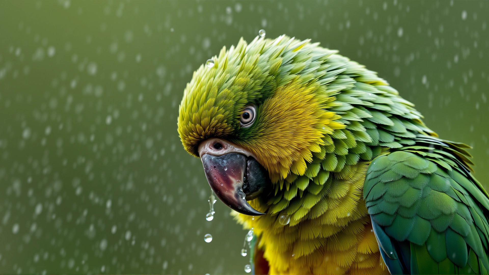 Parrot gently misted with water spray while perched, showing relaxed feathers and sparkling water droplets.
