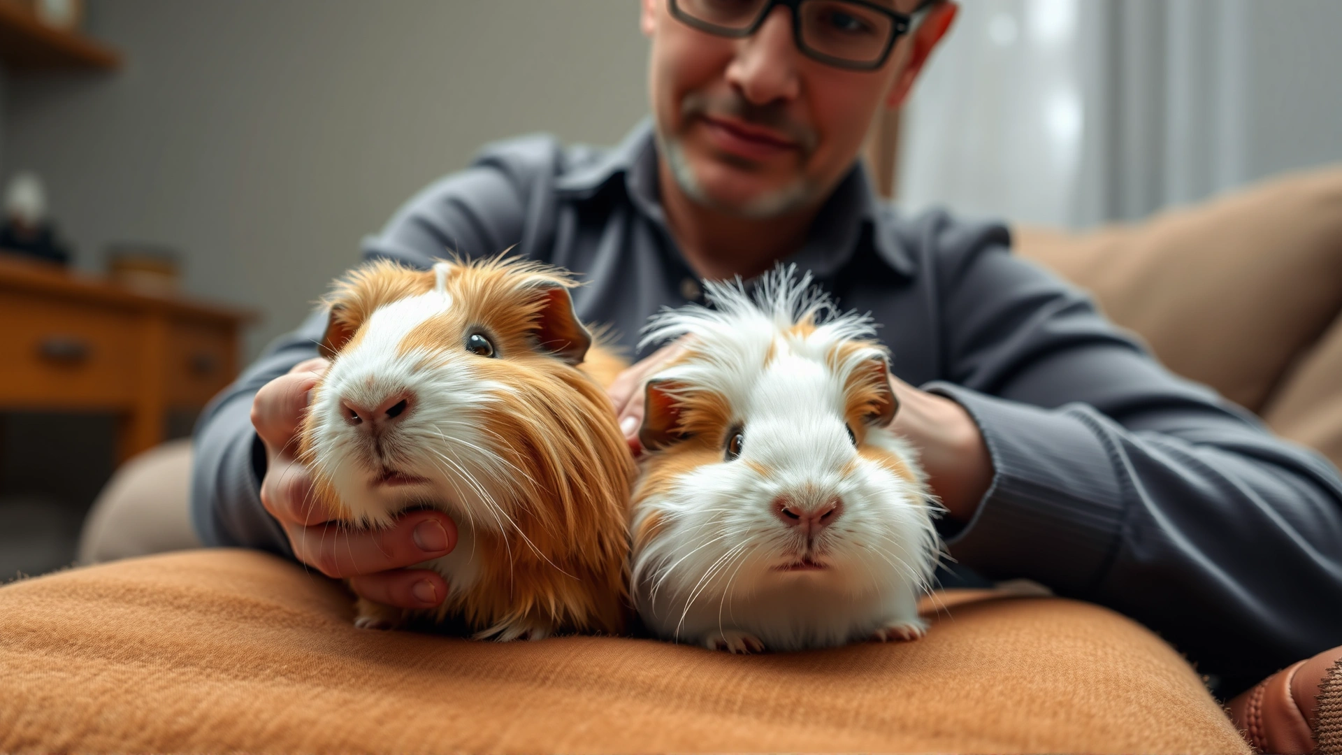 Owner gently brushing a long-haired guinea pig on their lap, cozy indoor setting, no text