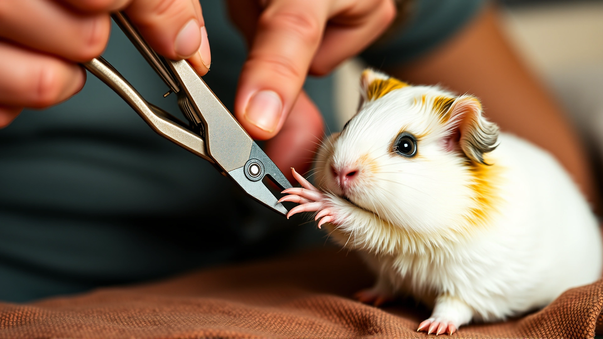 Owner carefully trimming a guinea pig's nails using small pet nail clippers, close-up on hands and paws.