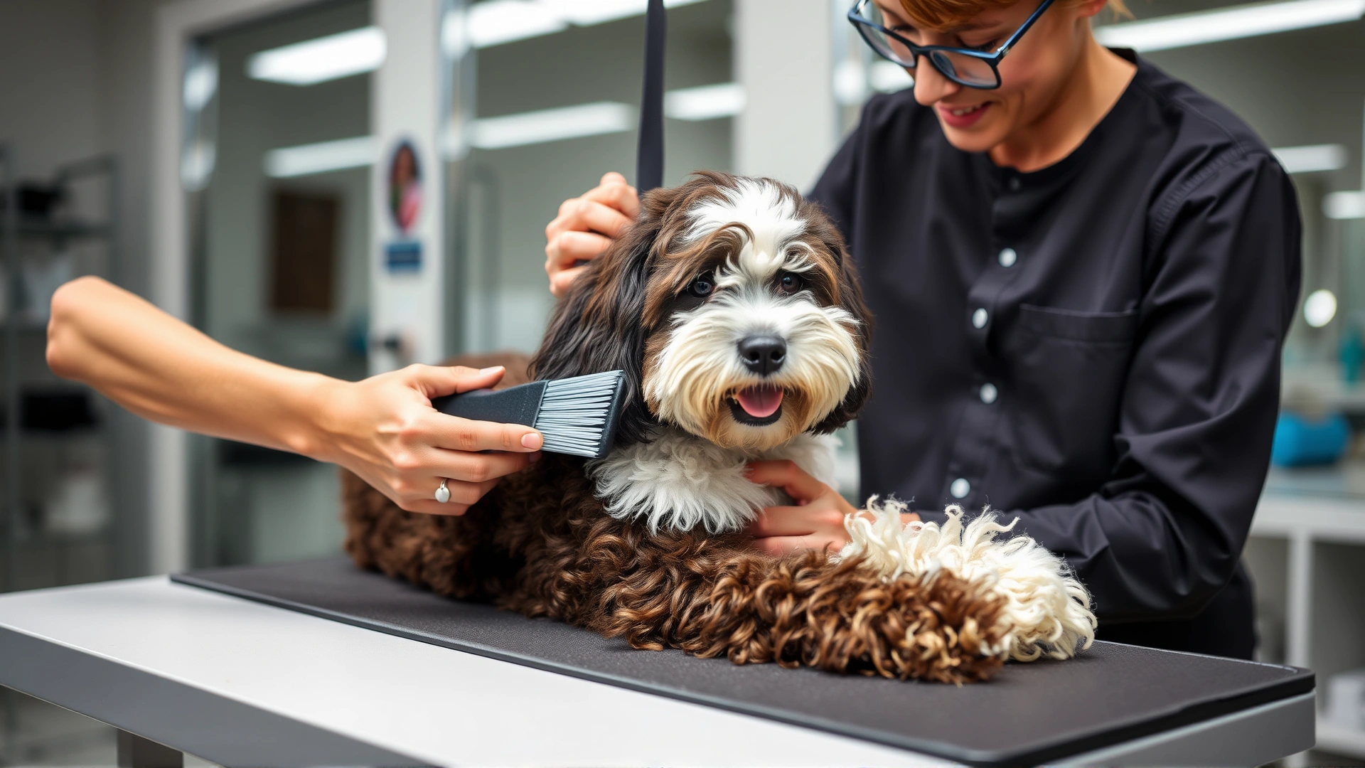 Professional groomer brushing a curly-coated Bernedoodle on a grooming table in a bright salon, focusing on coat care